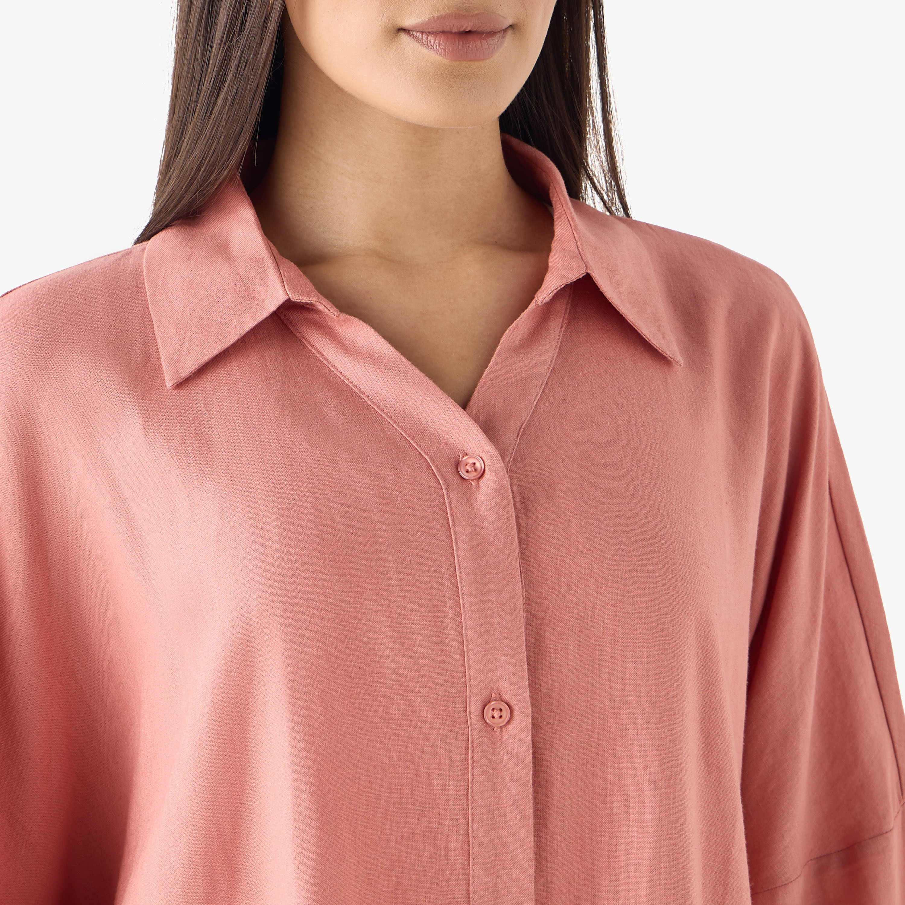 Linen Blend Drop Shoulder Shirt with 3/4 Sleeves-women-clothing-shirtsandblouses-shirts-image-14