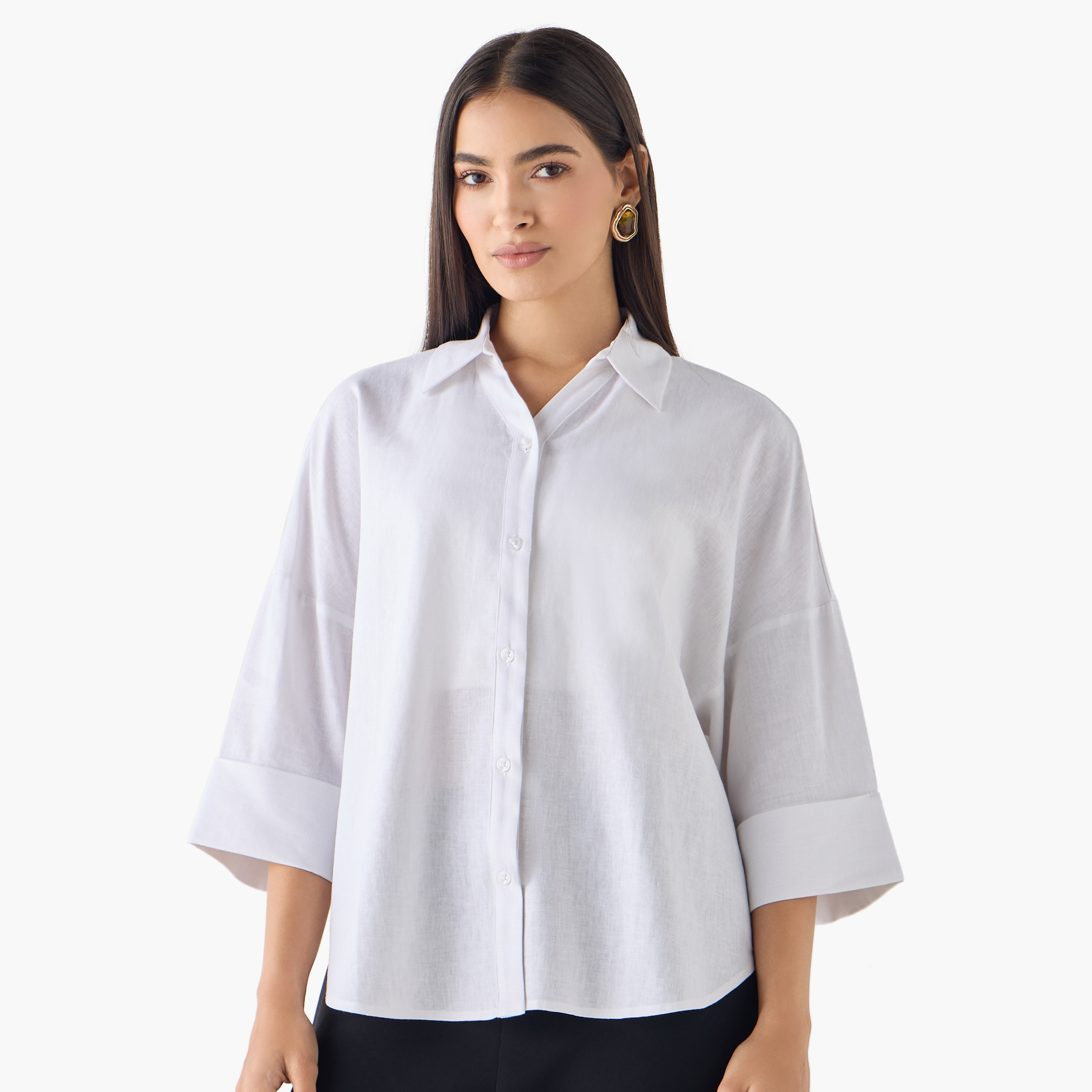 Linen Blend Drop Shoulder Shirt with 3/4 Sleeves-women-clothing-shirtsandblouses-shirts-image-16