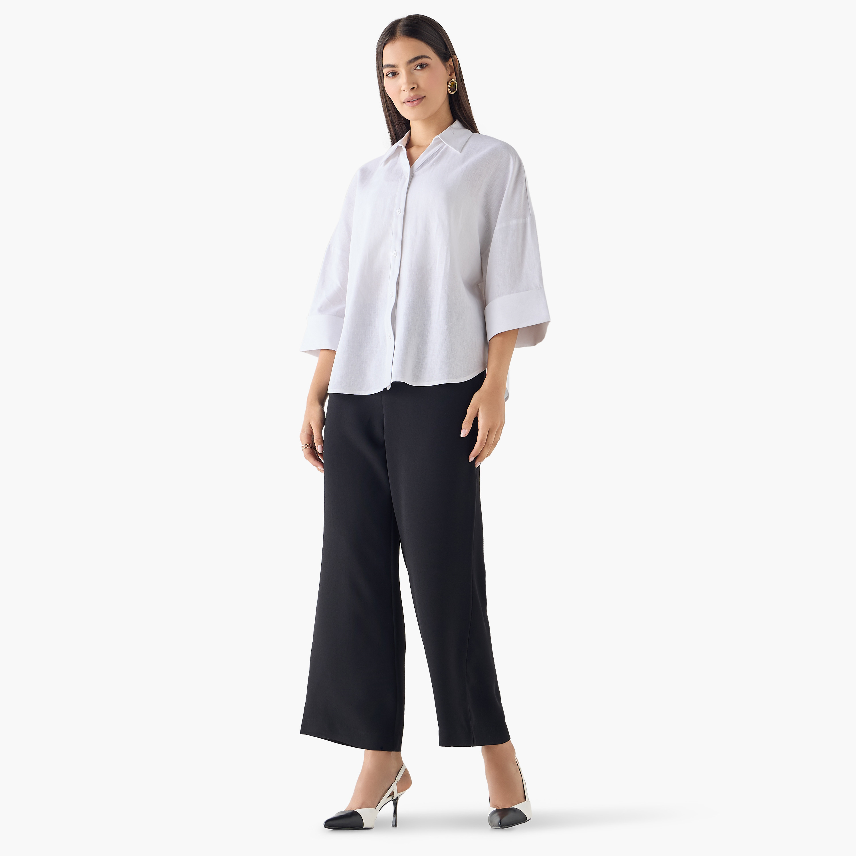 Linen Blend Drop Shoulder Shirt with 3/4 Sleeves-women-clothing-shirtsandblouses-shirts-image-17