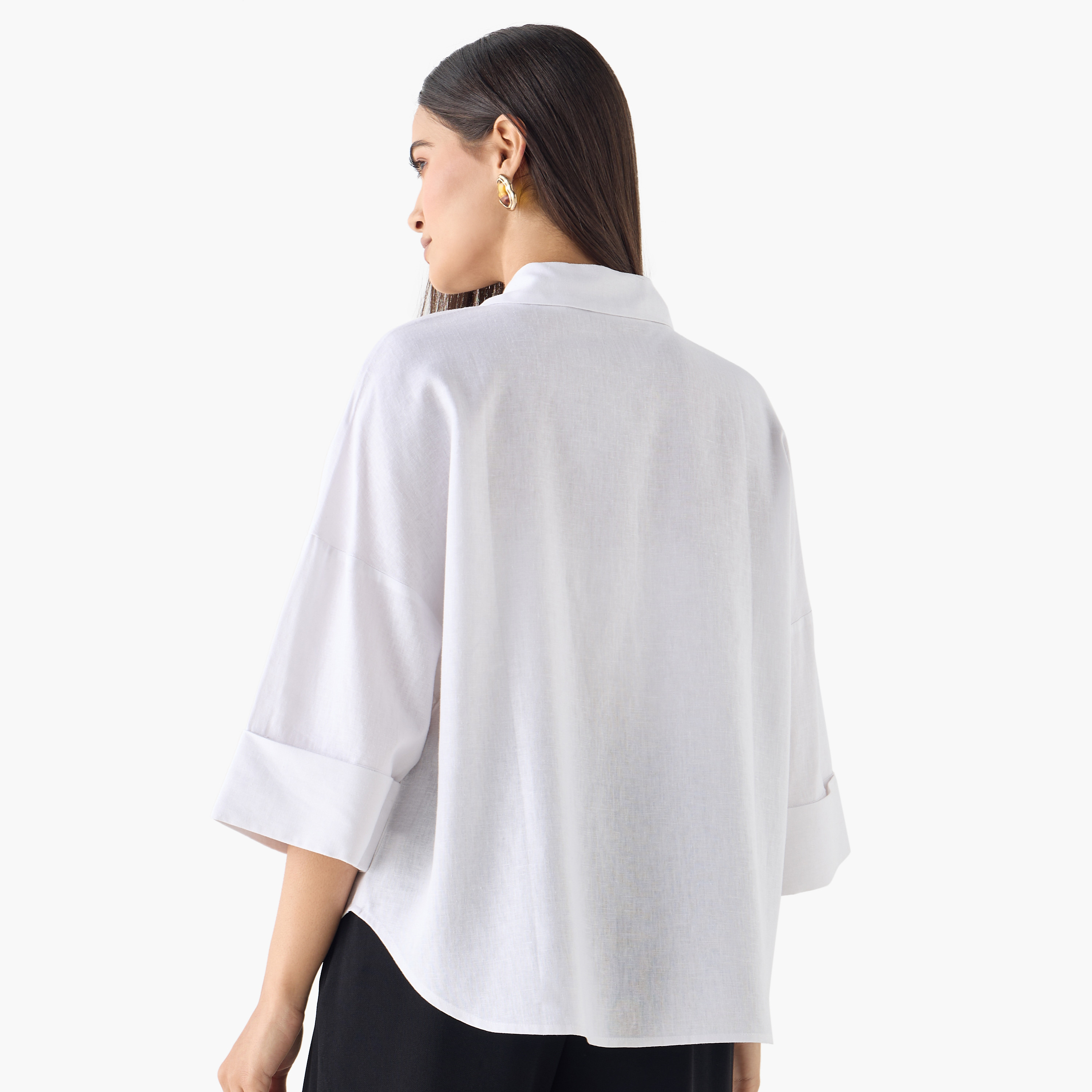 Linen Blend Drop Shoulder Shirt with 3/4 Sleeves-women-clothing-shirtsandblouses-shirts-image-18