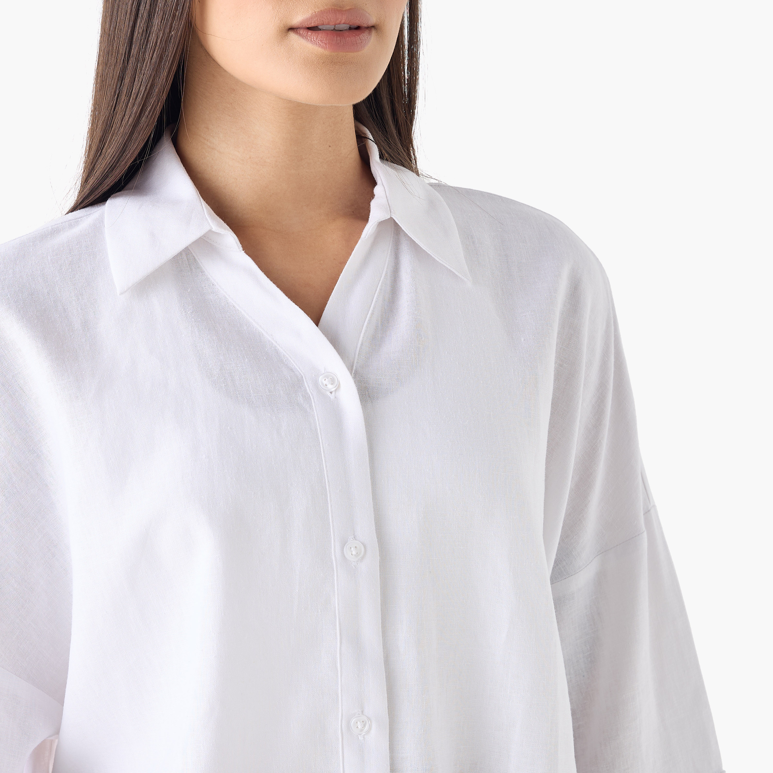 Linen Blend Drop Shoulder Shirt with 3/4 Sleeves-women-clothing-shirtsandblouses-shirts-image-19