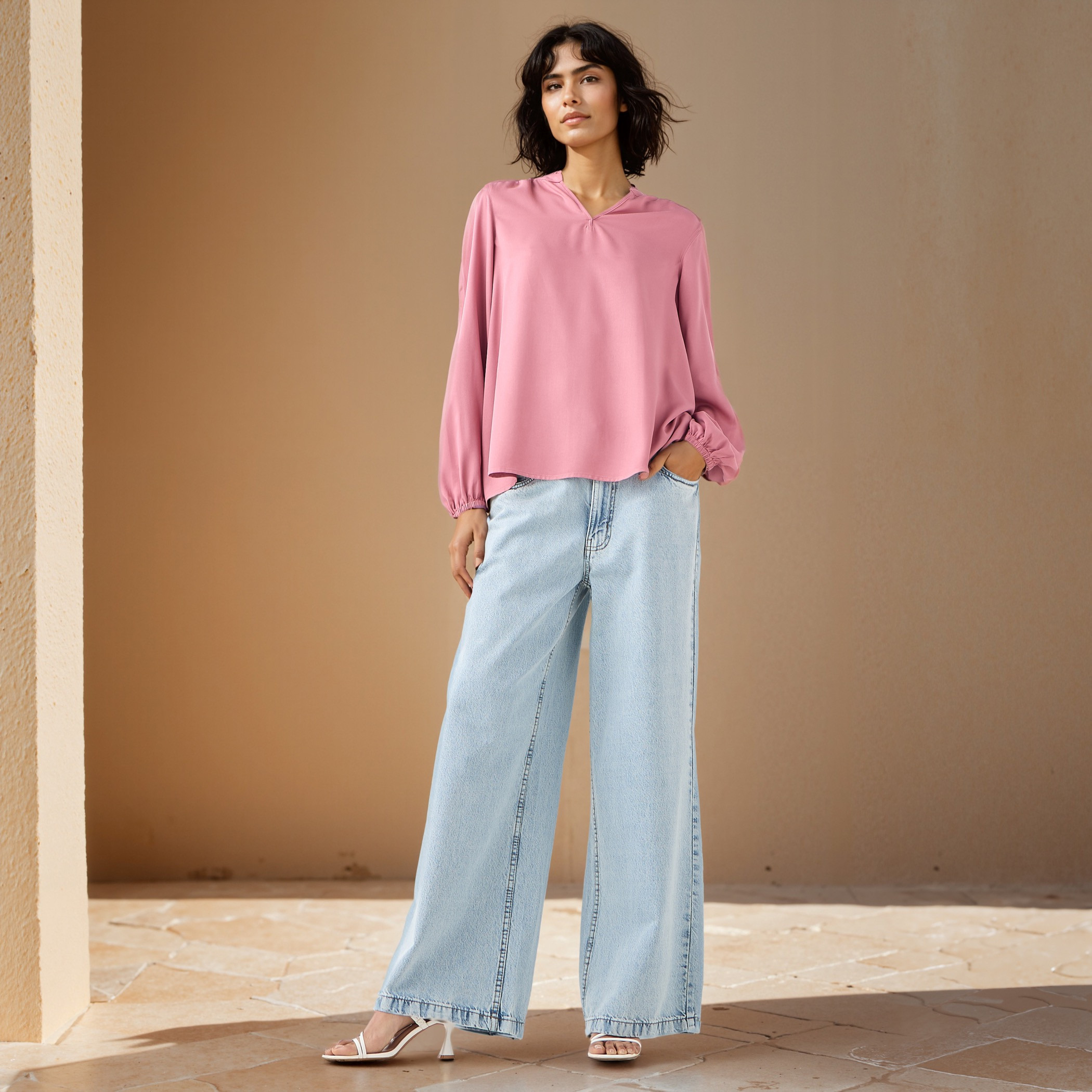 Ruffle Detail Mandarin Collar Viscose Top with Long Sleeves-women-clothing-shirtsandblouses-blouses-image-2