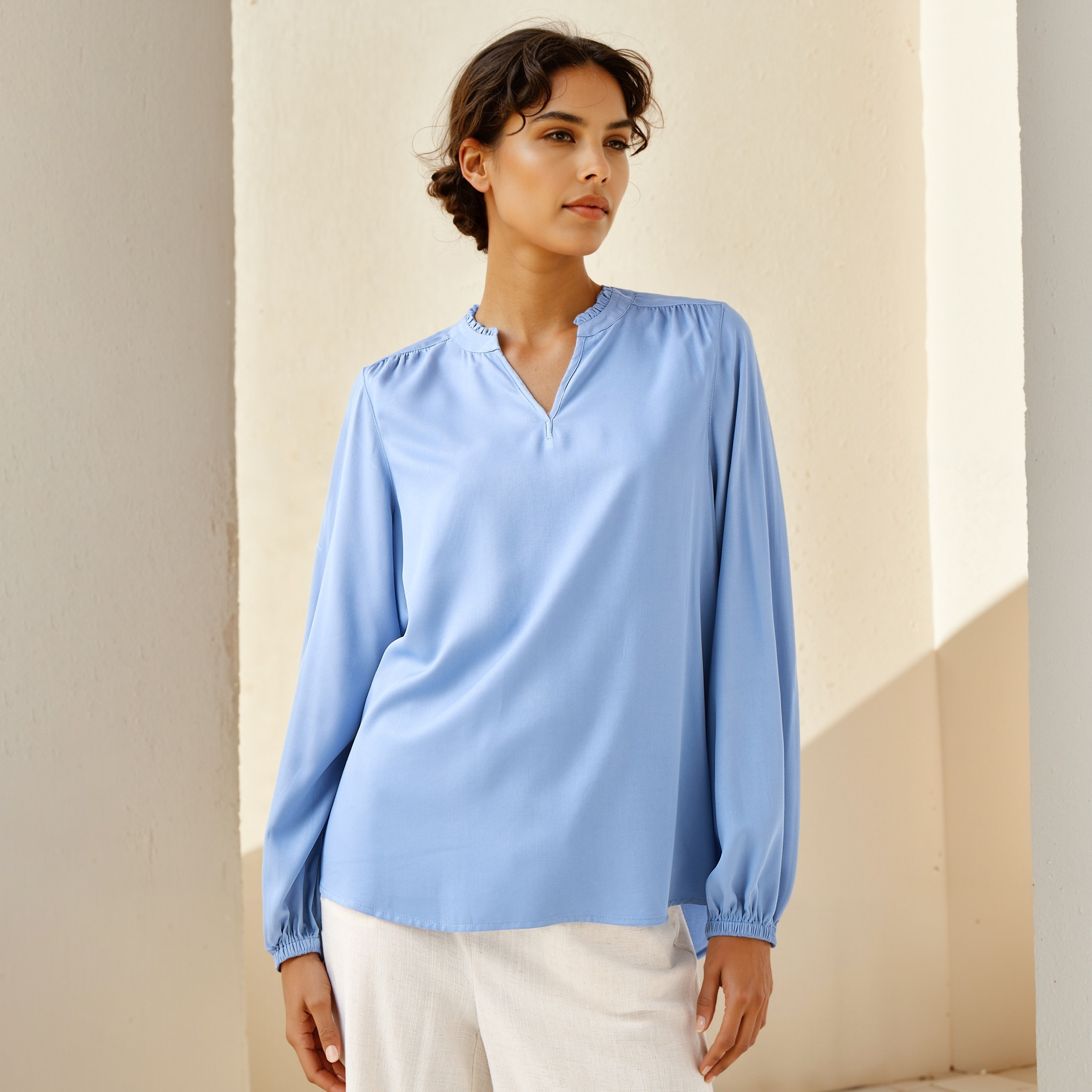 Ruffle Detail Mandarin Collar Viscose Top with Long Sleeves-women-clothing-shirtsandblouses-blouses-image-1