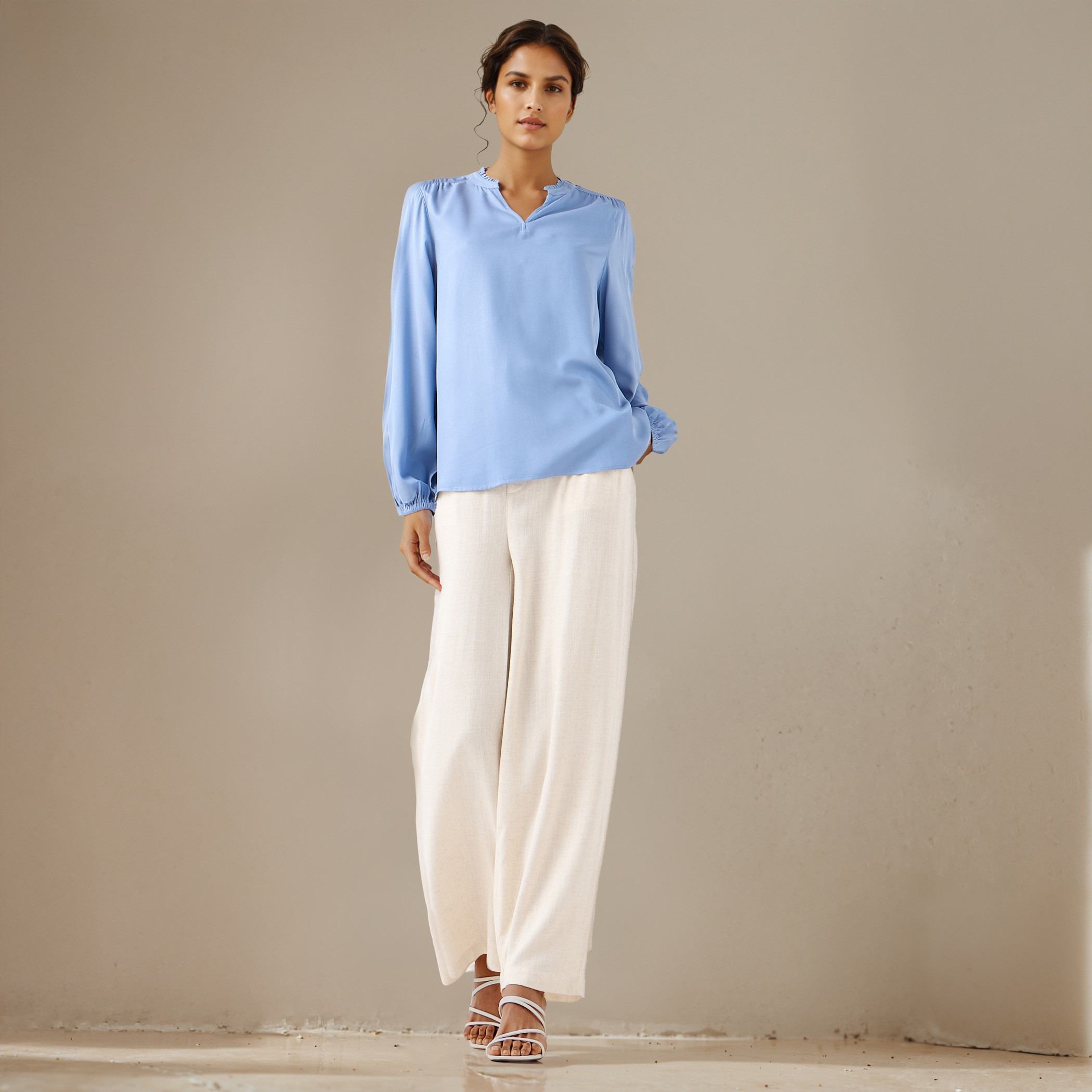 Ruffle Detail Mandarin Collar Viscose Top with Long Sleeves-women-clothing-shirtsandblouses-blouses-image-2