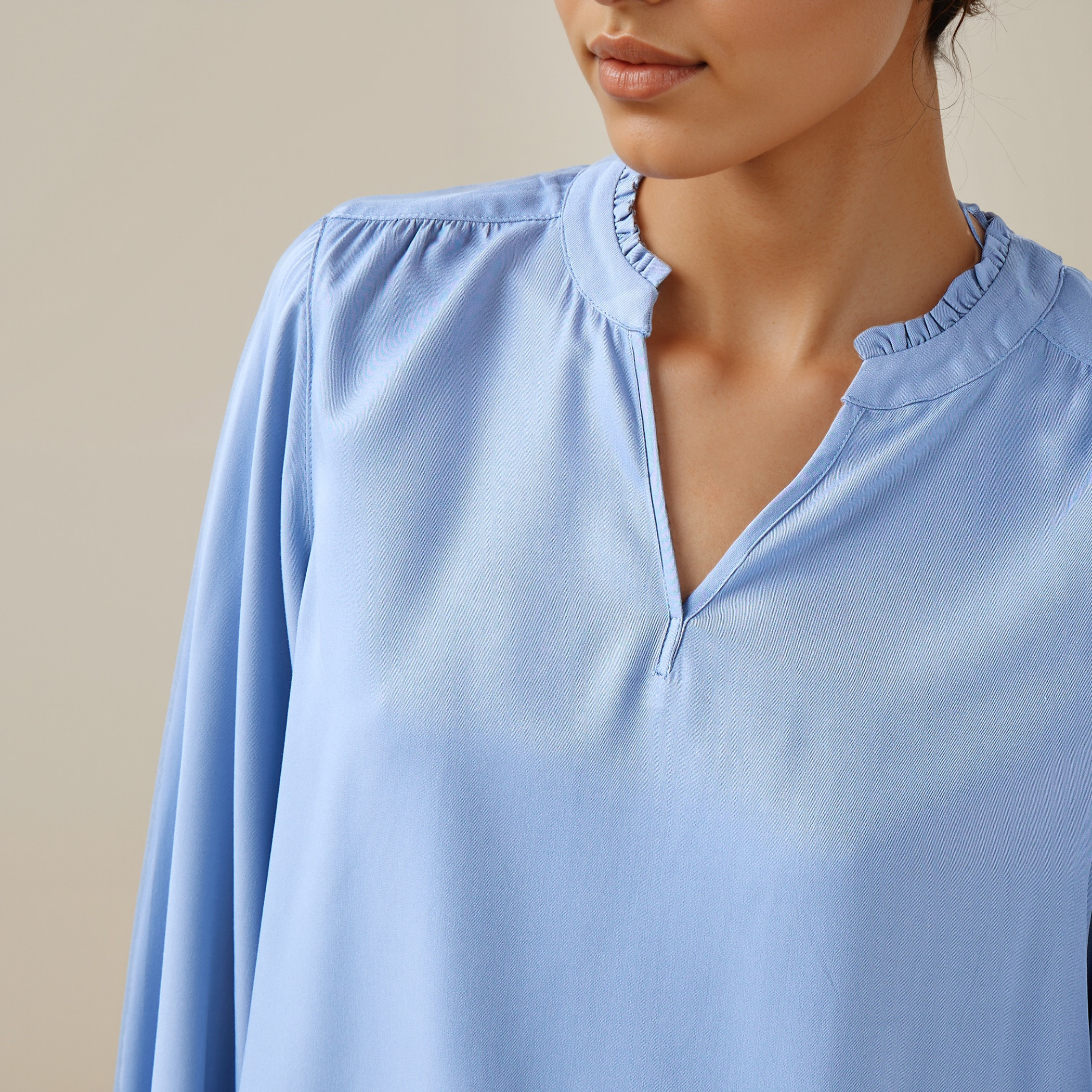 Ruffle Detail Mandarin Collar Viscose Top with Long Sleeves-women-clothing-shirtsandblouses-blouses-image-4