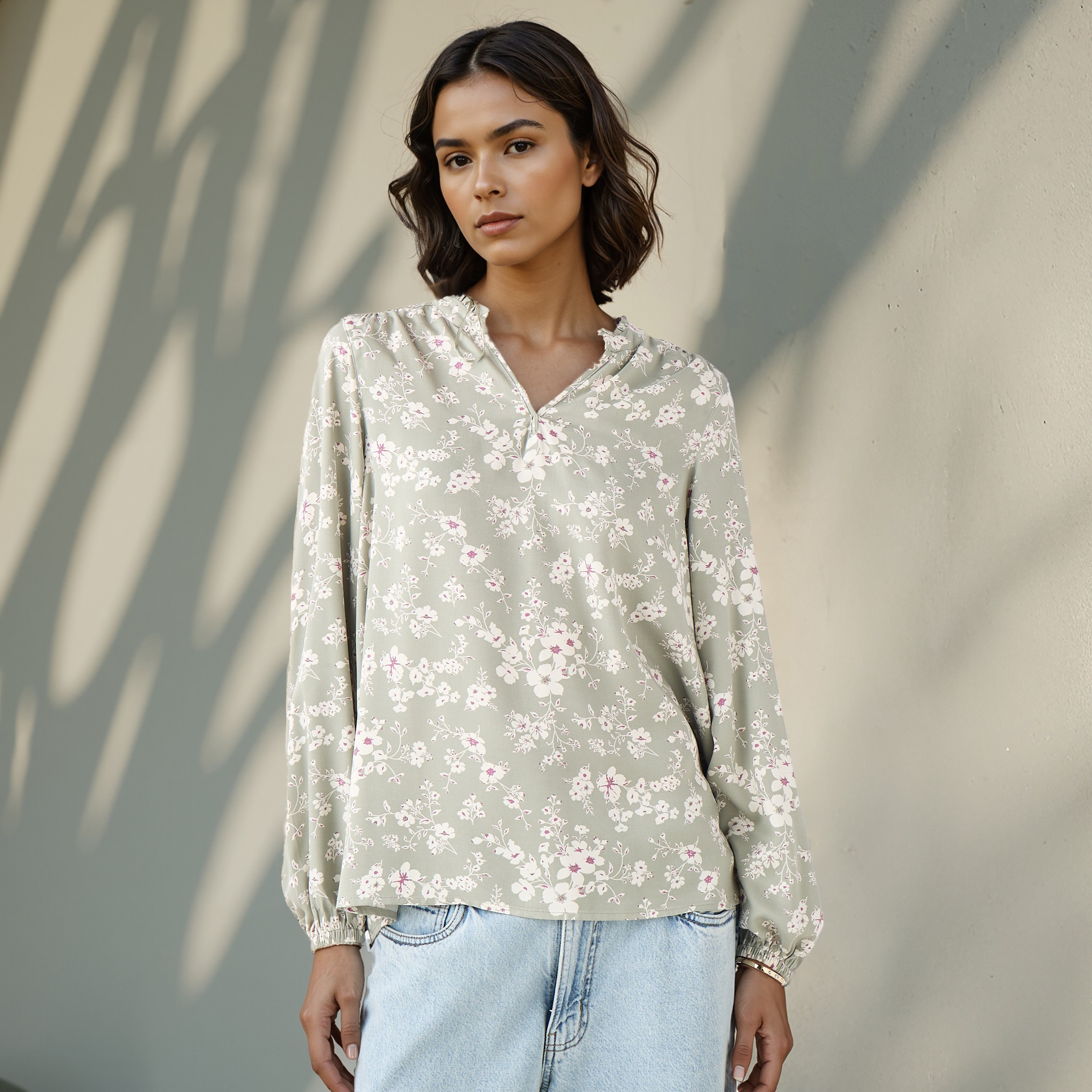 Floral Print Viscose Top with Mandarin Collar and Long Sleeves-women-clothing-shirtsandblouses-blouses-image-1