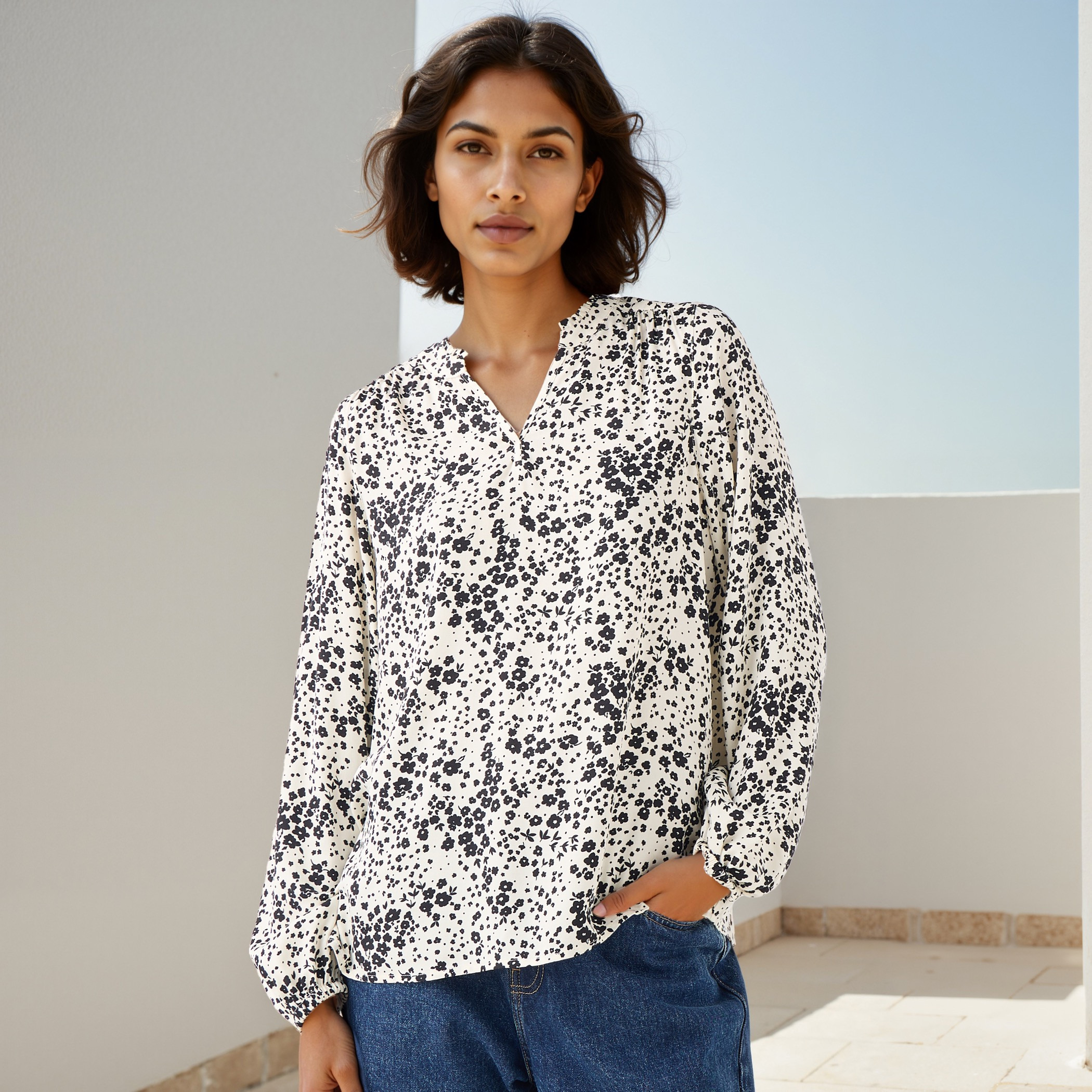 Floral Print Viscose Top with Mandarin Collar and Long Sleeves-women-clothing-shirtsandblouses-blouses-image-1