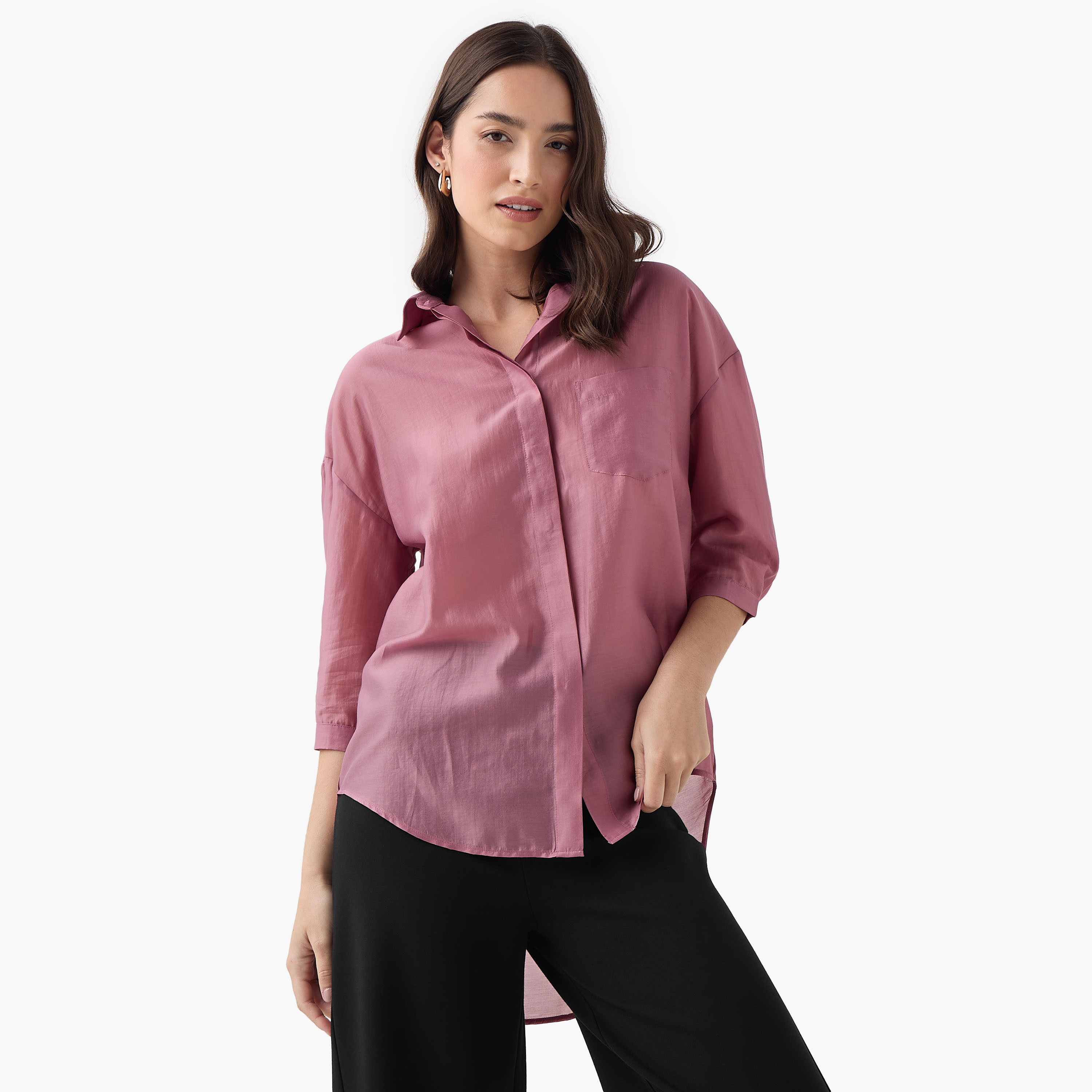 Relaxed Fit High Low Shirt with 3/4 Sleeves-women-clothing-shirtsandblouses-shirts-image-1