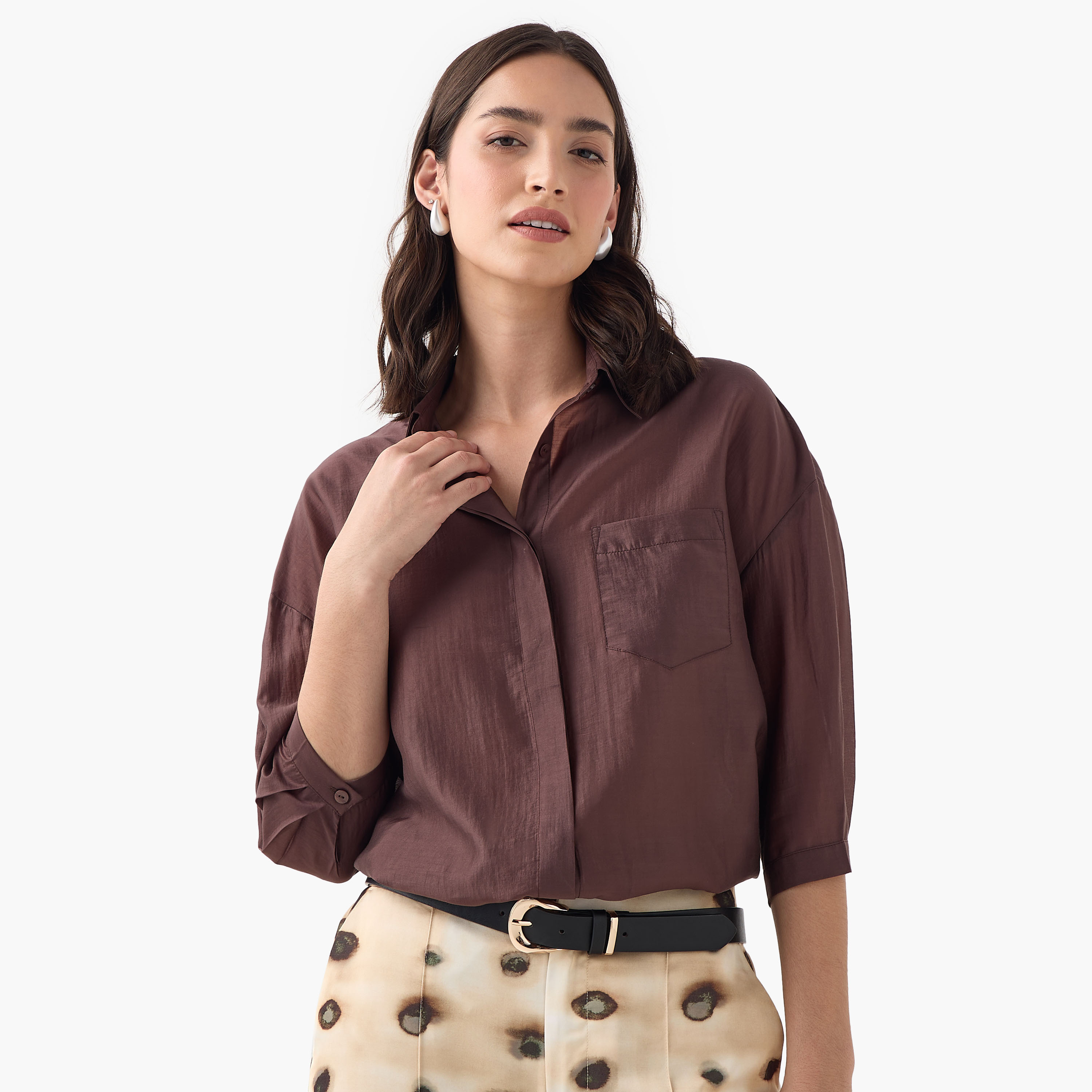 Relaxed Fit High Low Shirt with 3/4 Sleeves-women-clothing-shirtsandblouses-shirts-image-1