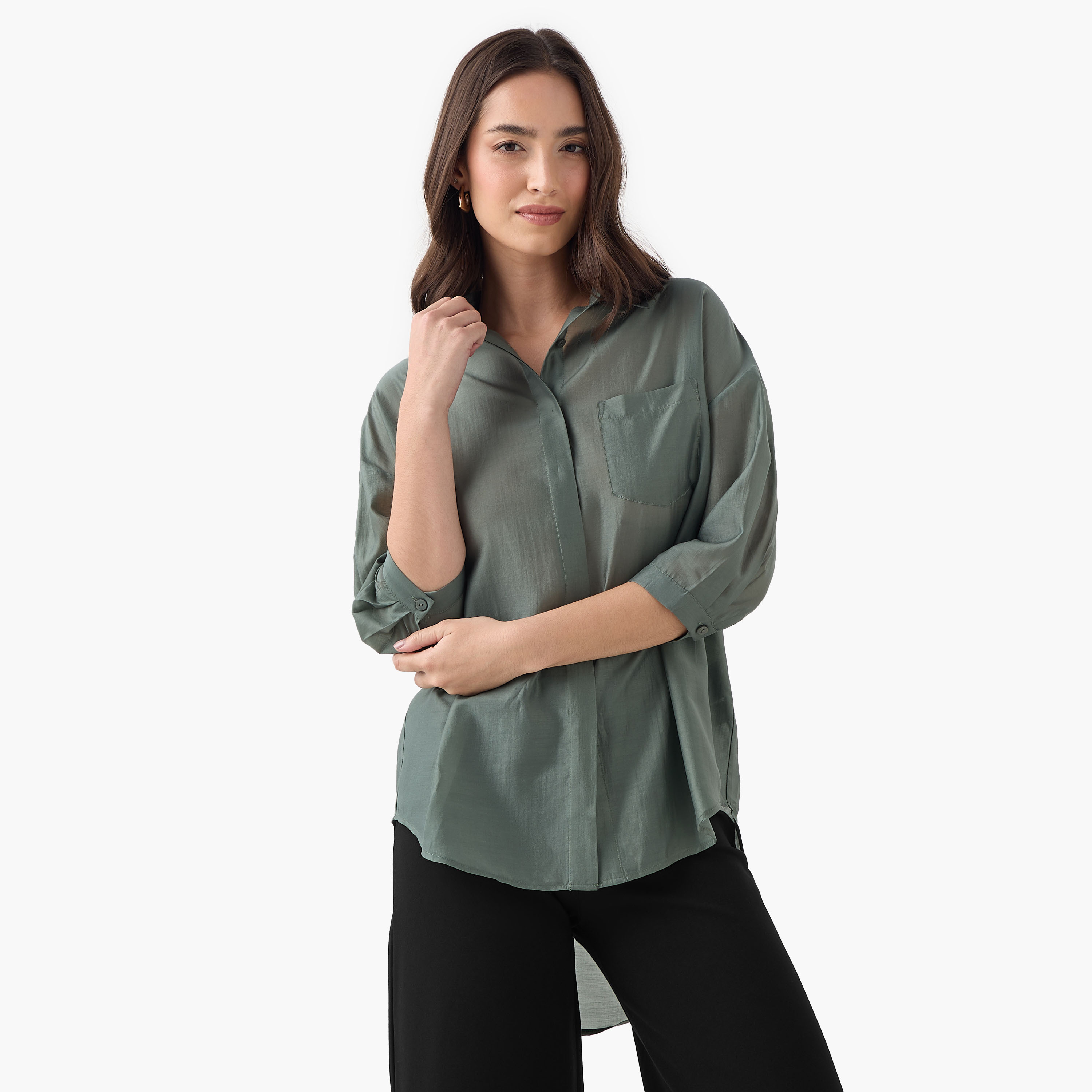 Relaxed Fit High Low Shirt with 3/4 Sleeves-women-clothing-shirtsandblouses-shirts-image-1