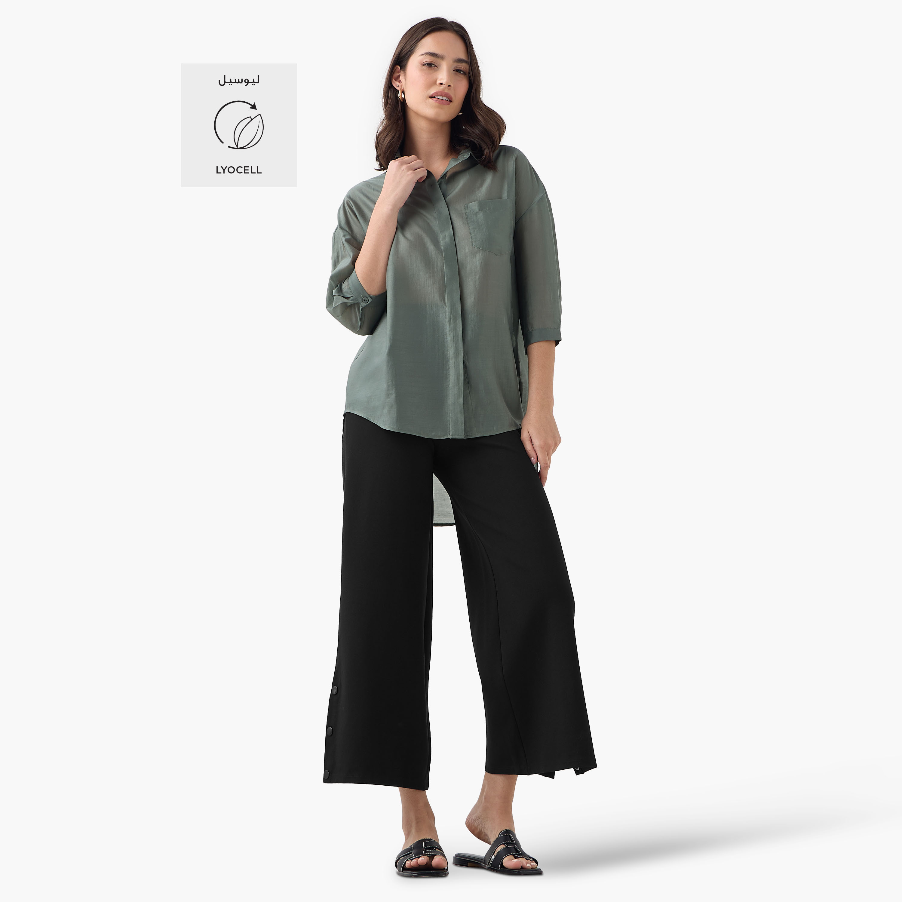 Relaxed Fit High Low Shirt with 3/4 Sleeves-women-clothing-shirtsandblouses-shirts-image-2