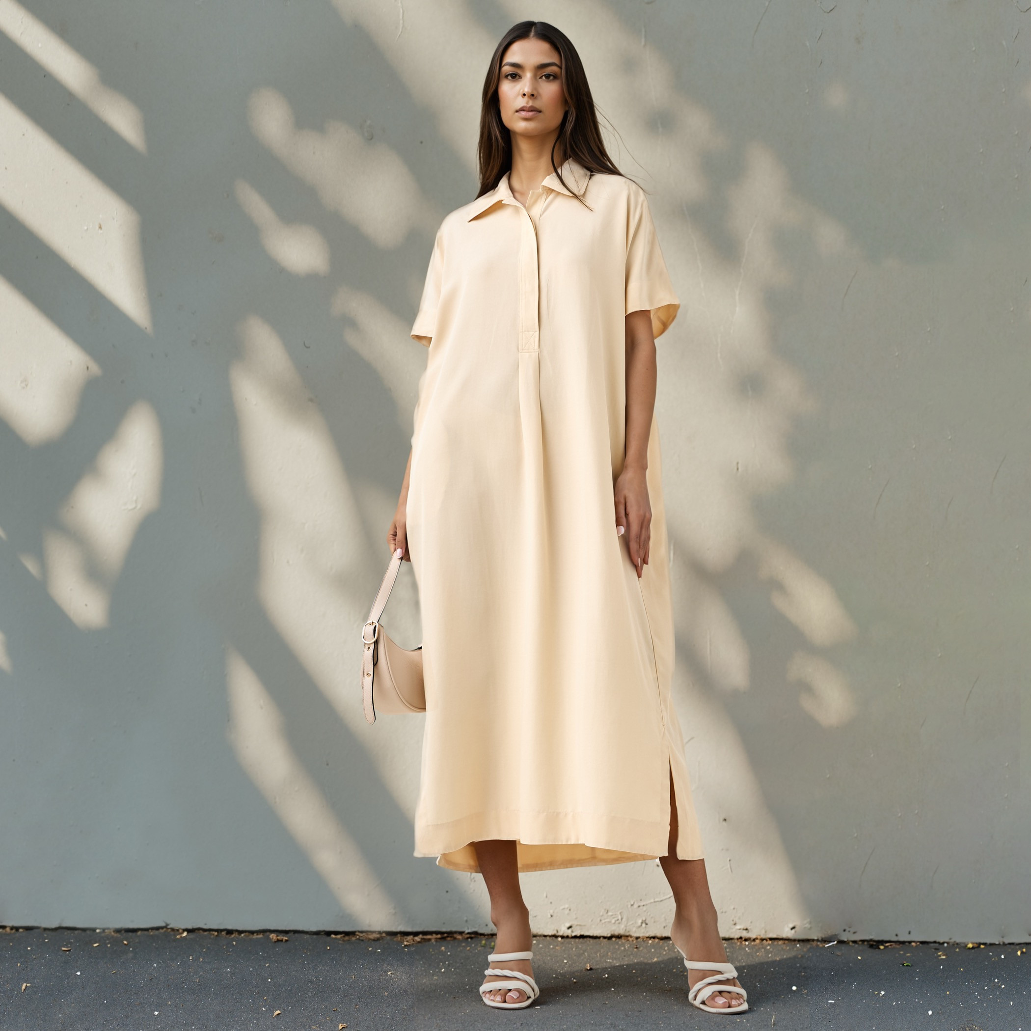 فستان قميص من مزيج الكتان بقصة مريحة مع جيوب وفتحات جانبية-women-clothing-dresses-image-1