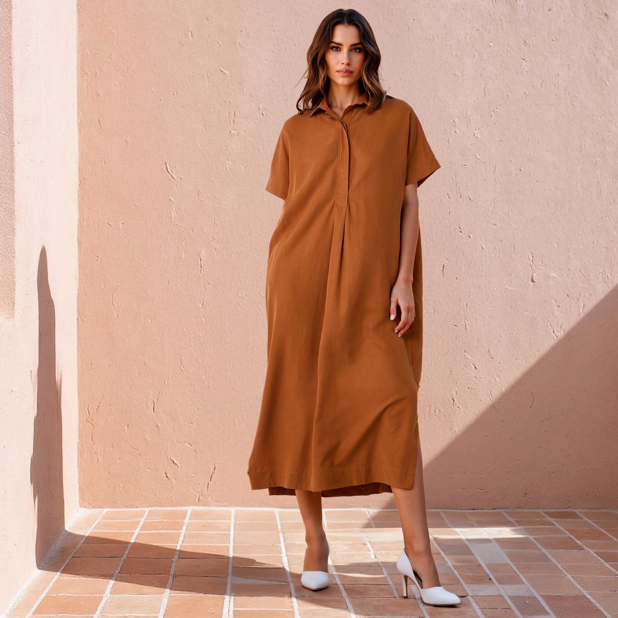 فستان قميص من مزيج الكتان بقصة مريحة مع جيوب وفتحات جانبية-women-clothing-dresses-image-6