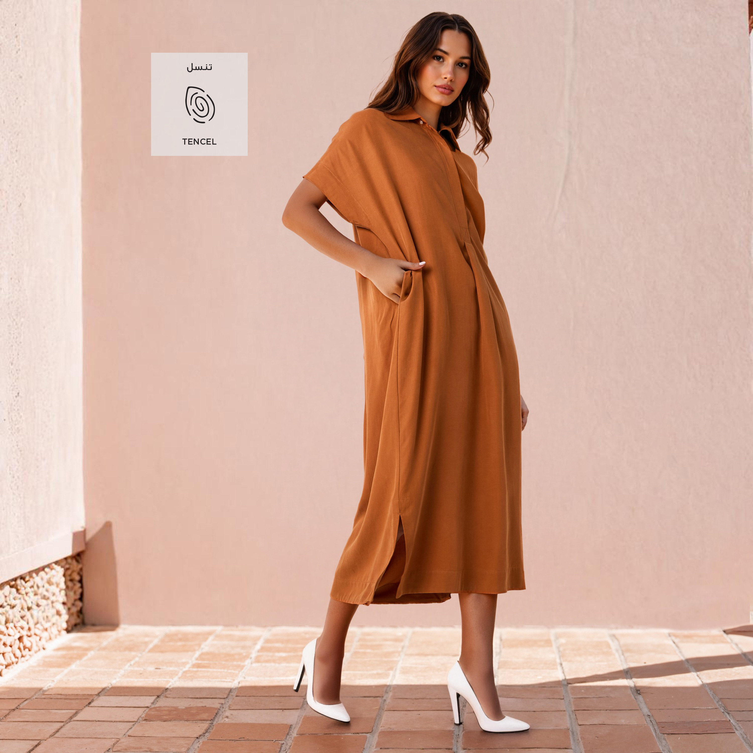 فستان قميص من مزيج الكتان بقصة مريحة مع جيوب وفتحات جانبية-women-clothing-dresses-image-7