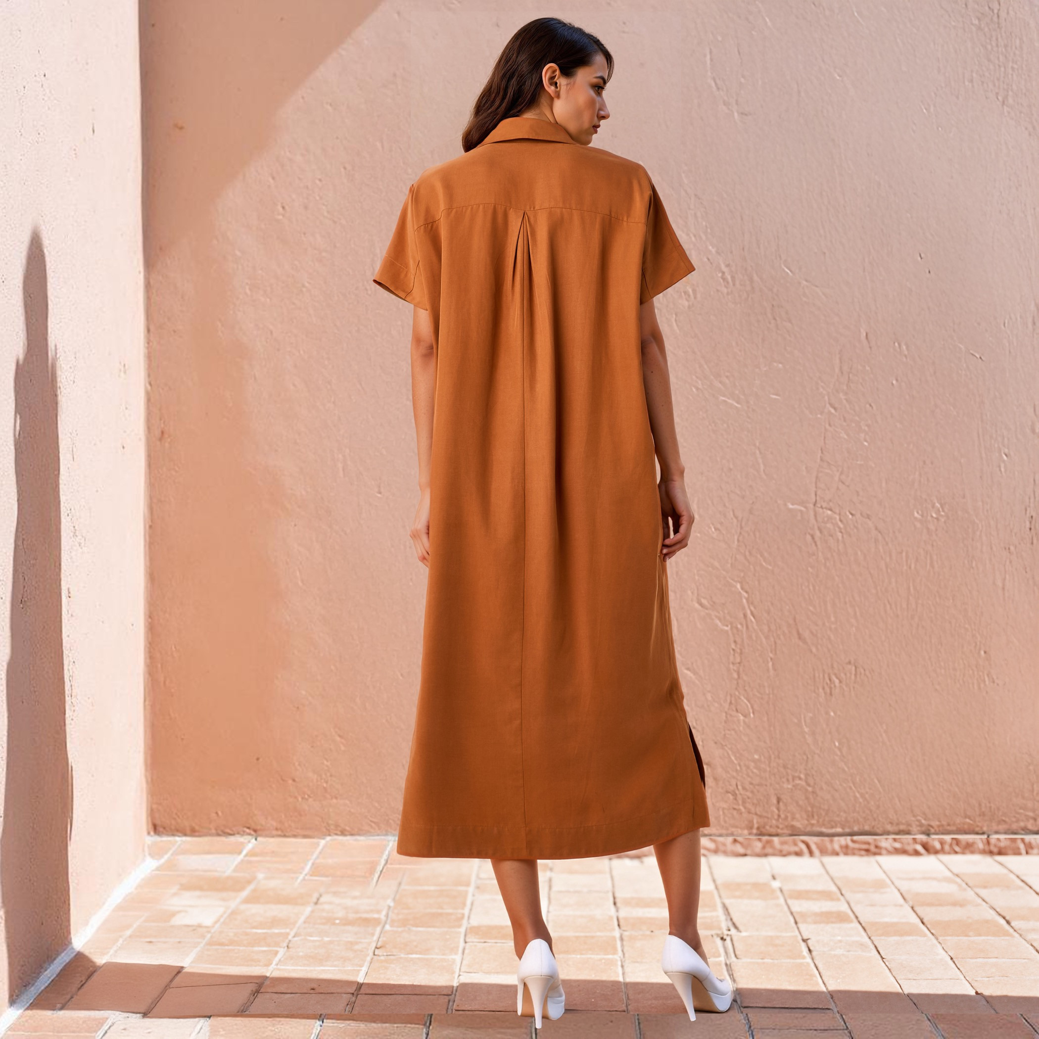 Relaxed Fit Linen Blend Shirt Dress with Pockets and Slits-women-clothing-dresses-image-3