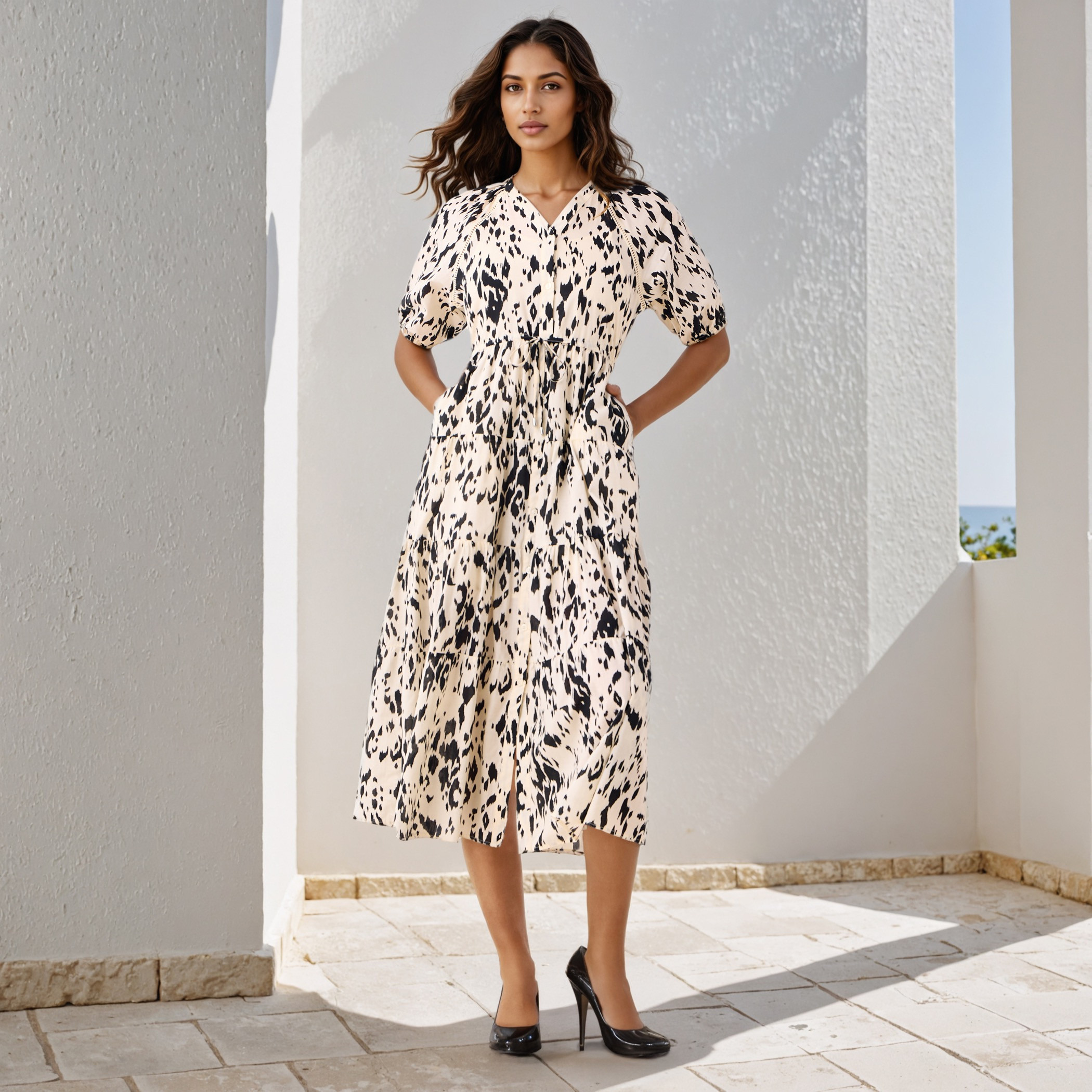 Printed Tiered Lace Insert Cotton Dress with Pockets-women-clothing-dresses-image-1