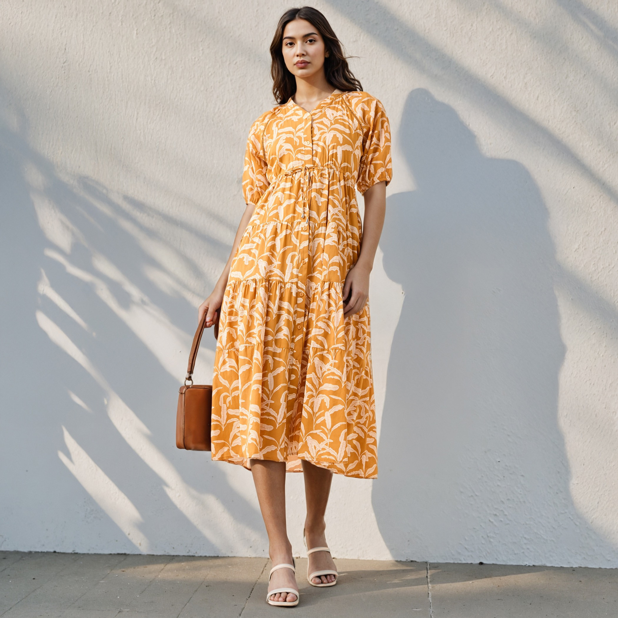 Printed Tiered Lace Insert Cotton Dress with Pockets-women-clothing-dresses-image-1