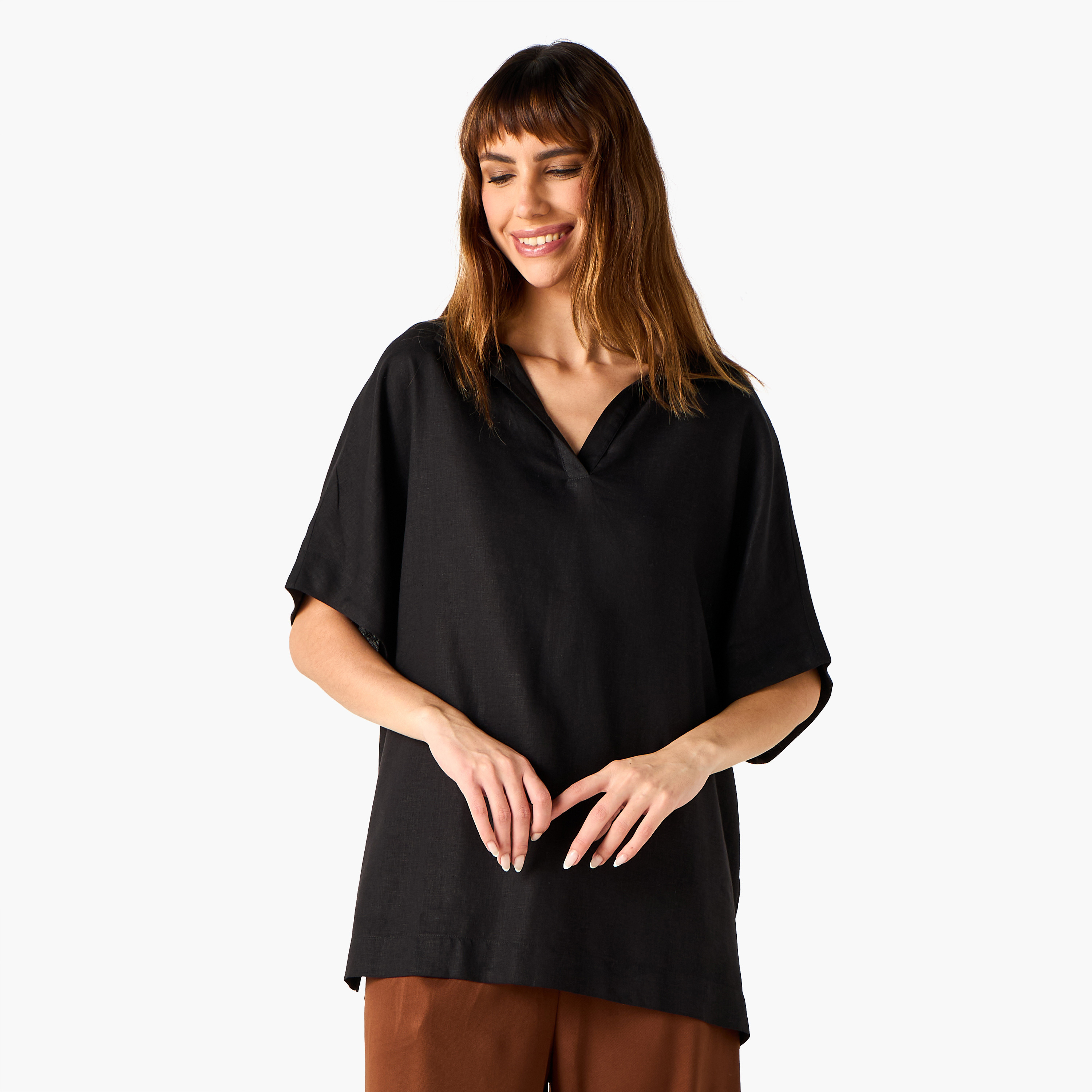 Regular Fit Linen Blend Collared Top with Extended Sleeves-women-clothing-shirtsandblouses-blouses-image-1