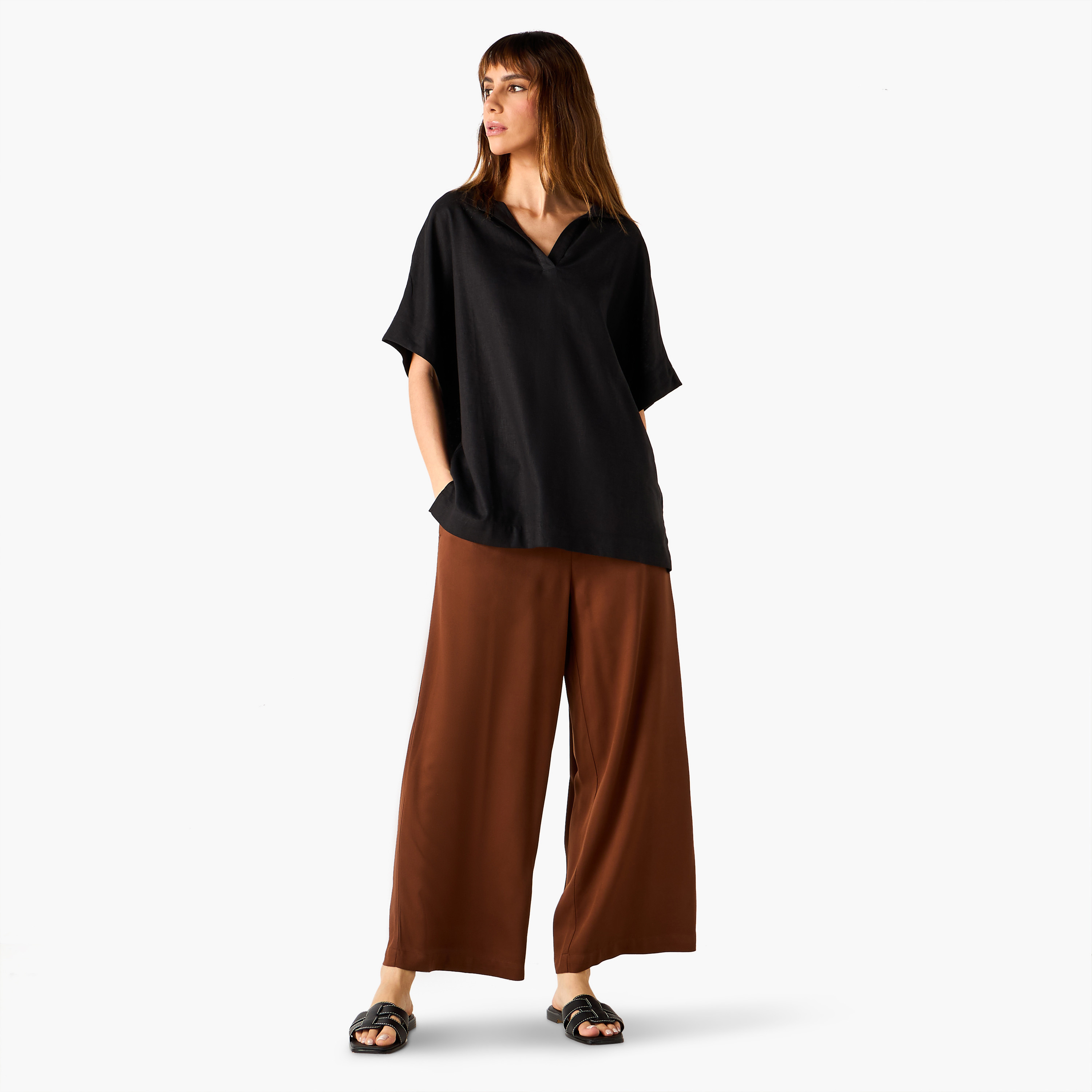 Regular Fit Linen Blend Collared Top with Extended Sleeves-women-clothing-shirtsandblouses-blouses-image-2