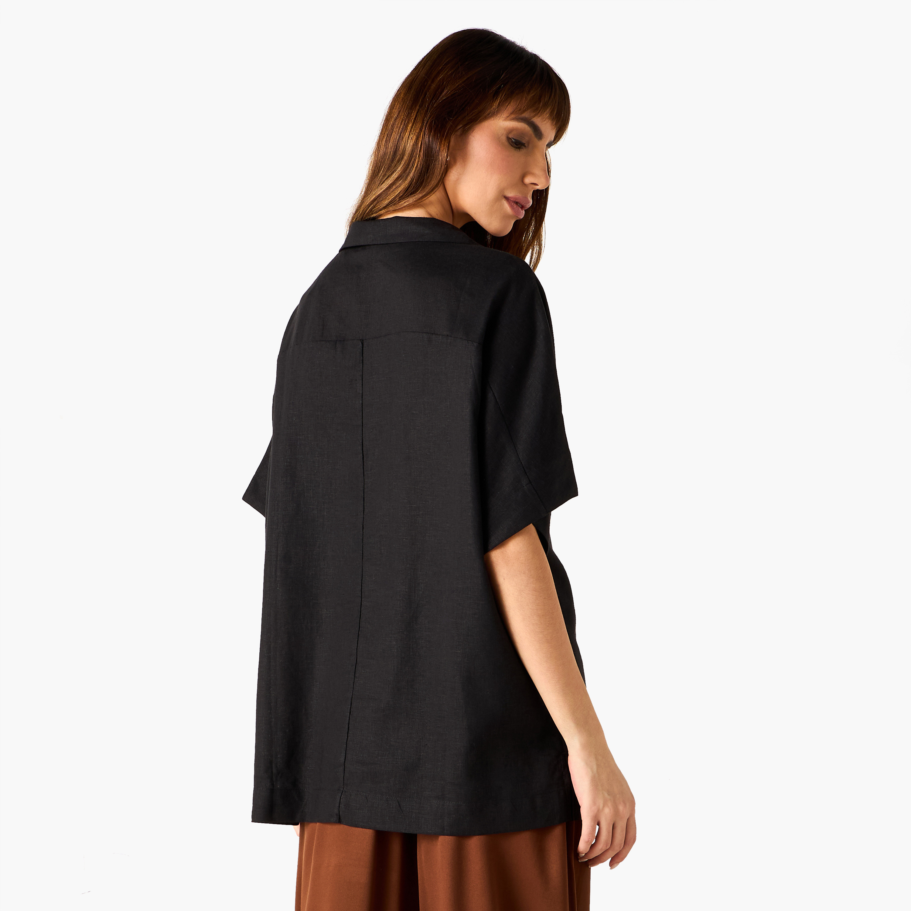 Regular Fit Linen Blend Collared Top with Extended Sleeves-women-clothing-shirtsandblouses-blouses-image-3