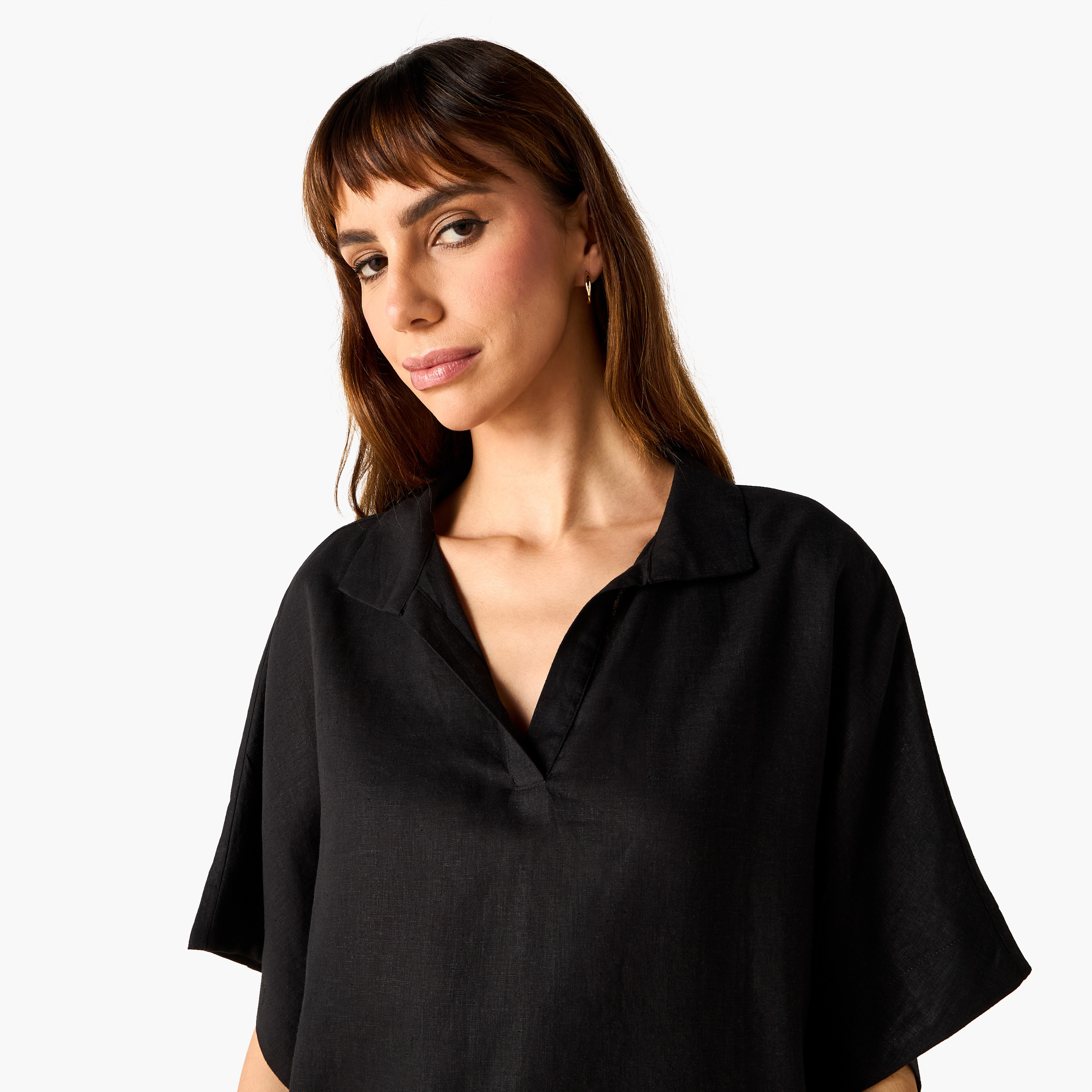 Regular Fit Linen Blend Collared Top with Extended Sleeves-women-clothing-shirtsandblouses-blouses-image-4