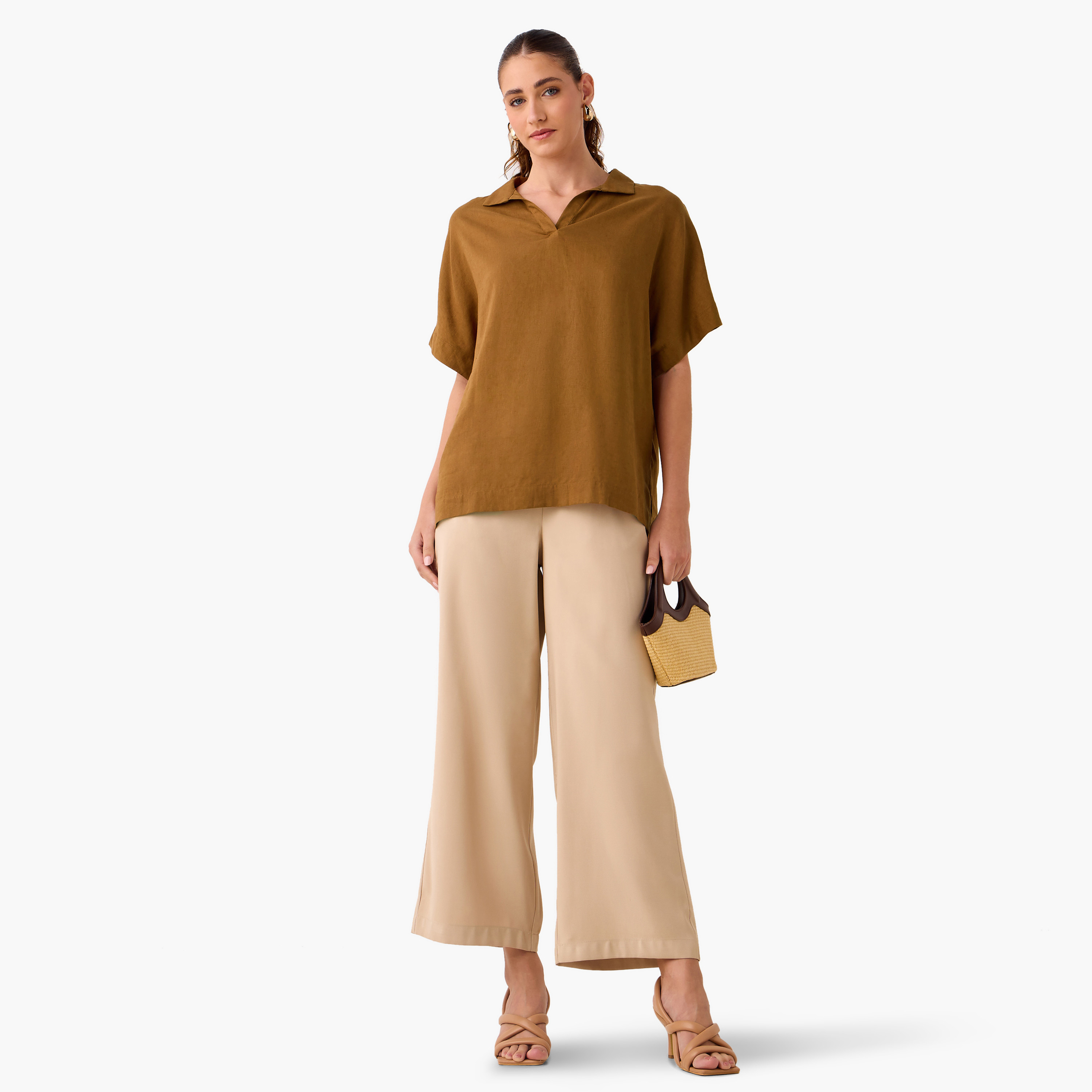 Regular Fit Linen Blend Collared Top with Extended Sleeves-women-clothing-shirtsandblouses-blouses-image-2