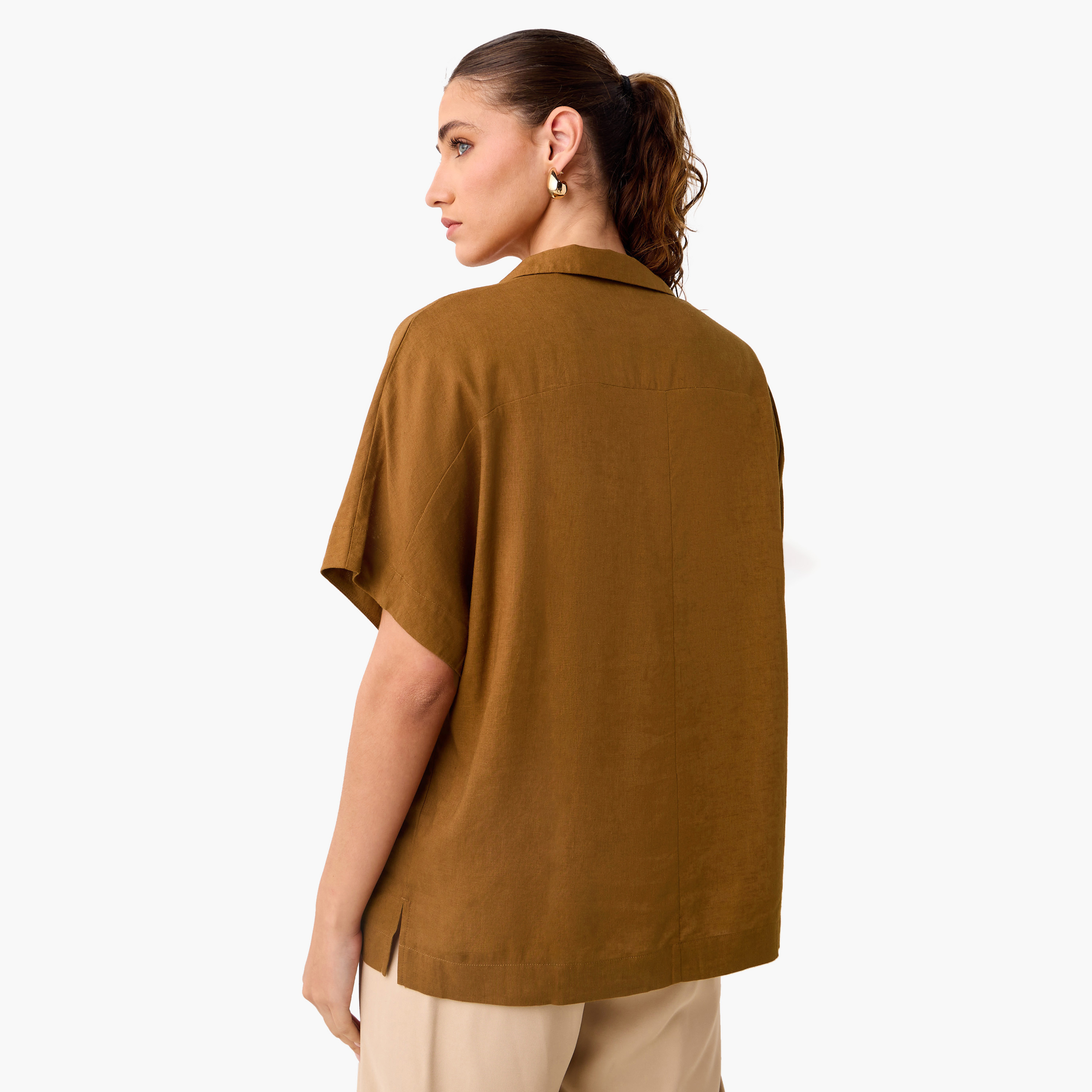 Regular Fit Linen Blend Collared Top with Extended Sleeves-women-clothing-shirtsandblouses-blouses-image-3