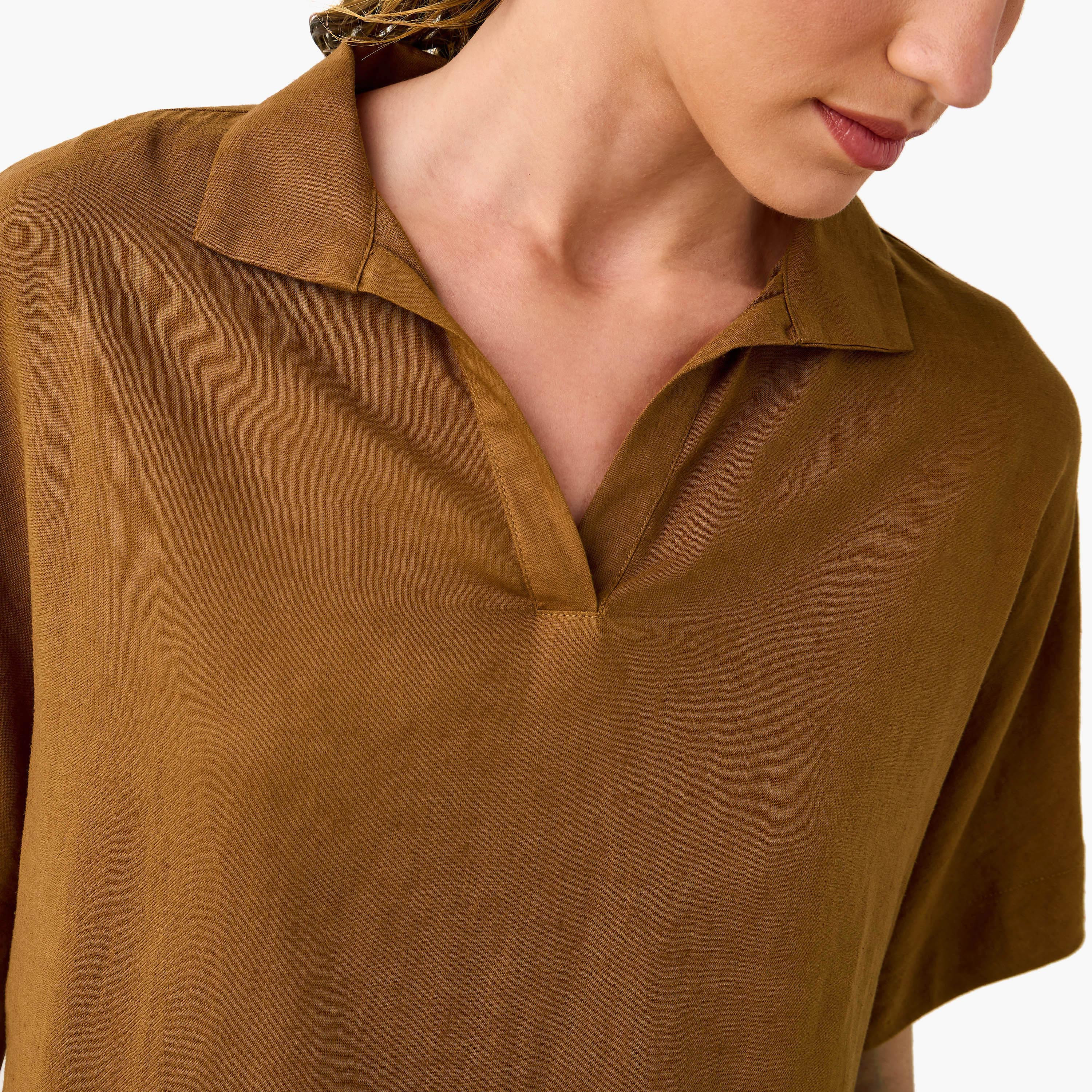 Regular Fit Linen Blend Collared Top with Extended Sleeves-women-clothing-shirtsandblouses-blouses-image-4