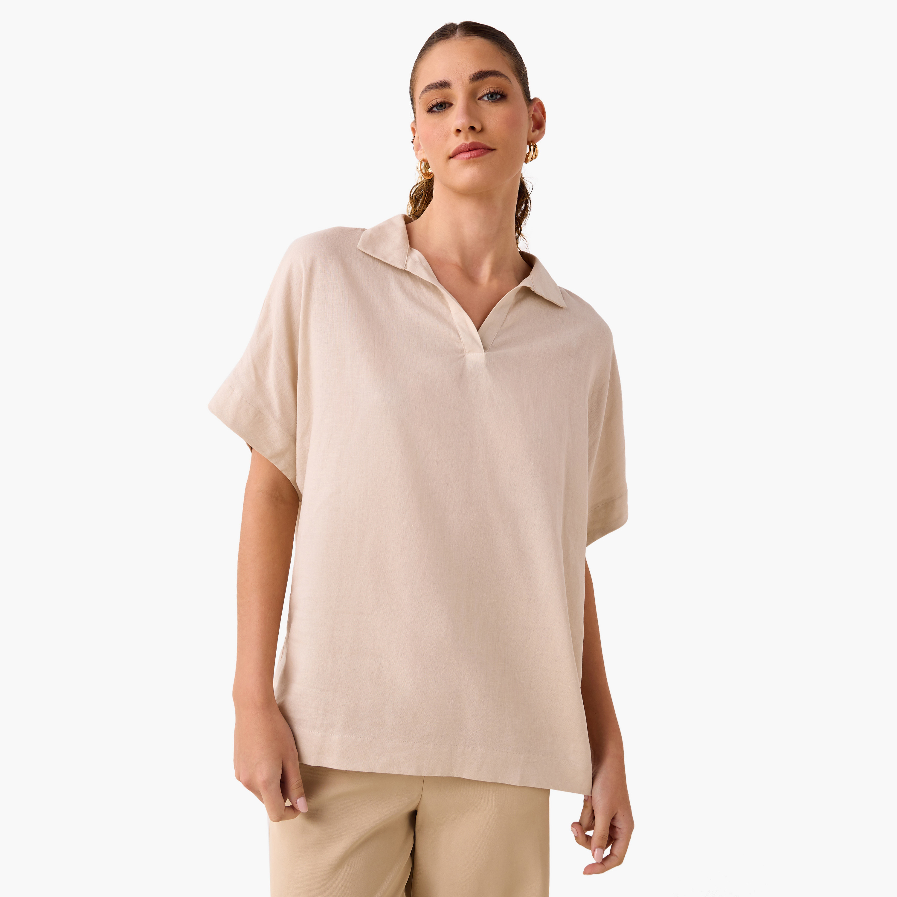 Regular Fit Linen Blend Collared Top with Extended Sleeves-women-clothing-shirtsandblouses-blouses-image-1
