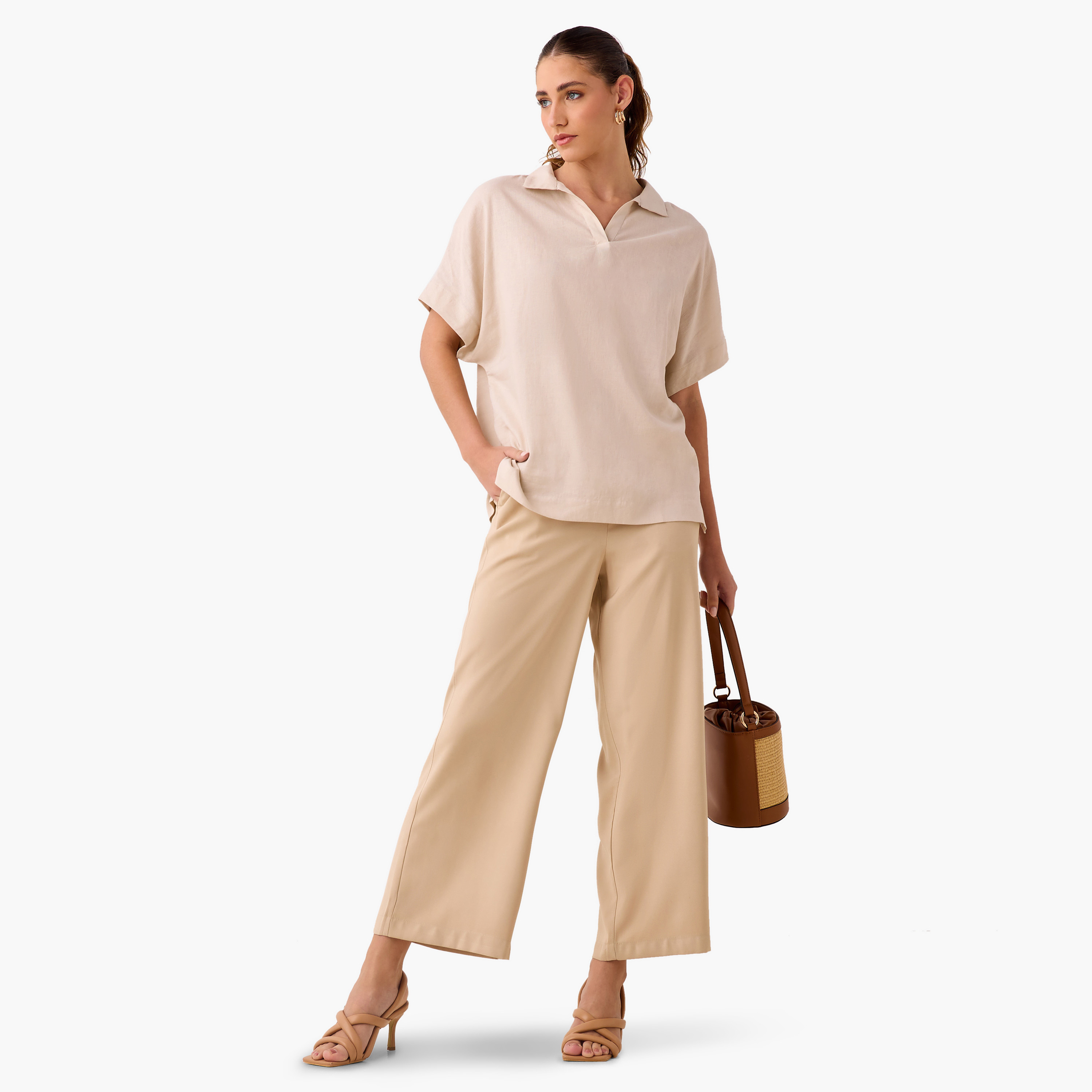 Regular Fit Linen Blend Collared Top with Extended Sleeves-women-clothing-shirtsandblouses-blouses-image-2