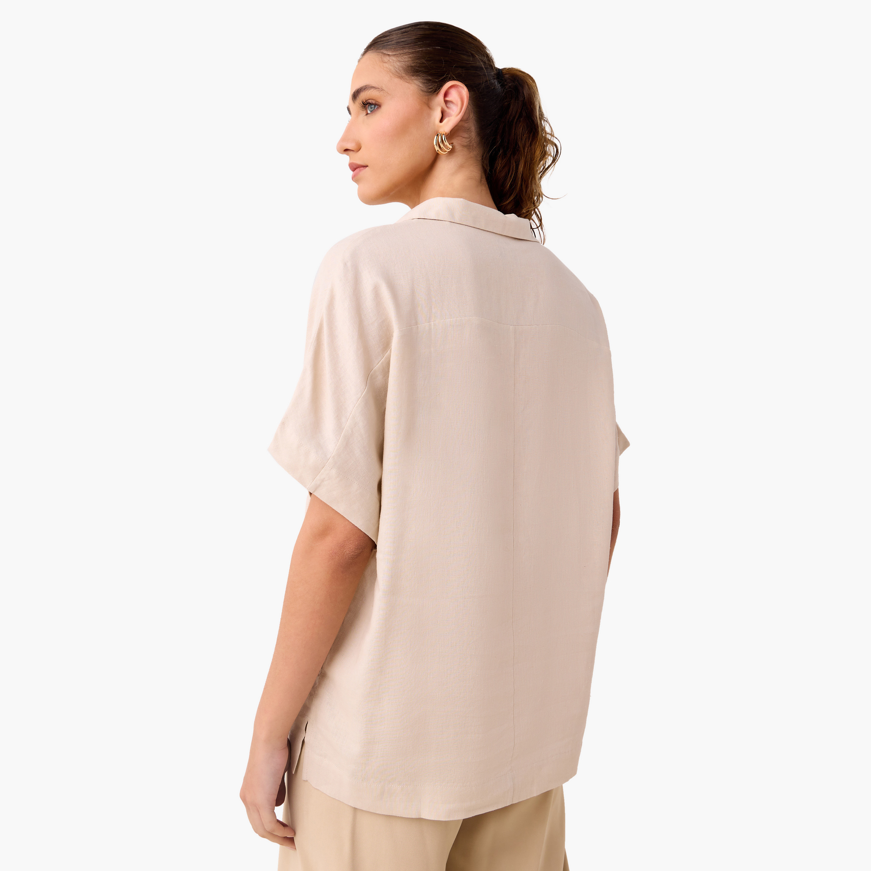 Regular Fit Linen Blend Collared Top with Extended Sleeves-women-clothing-shirtsandblouses-blouses-image-3