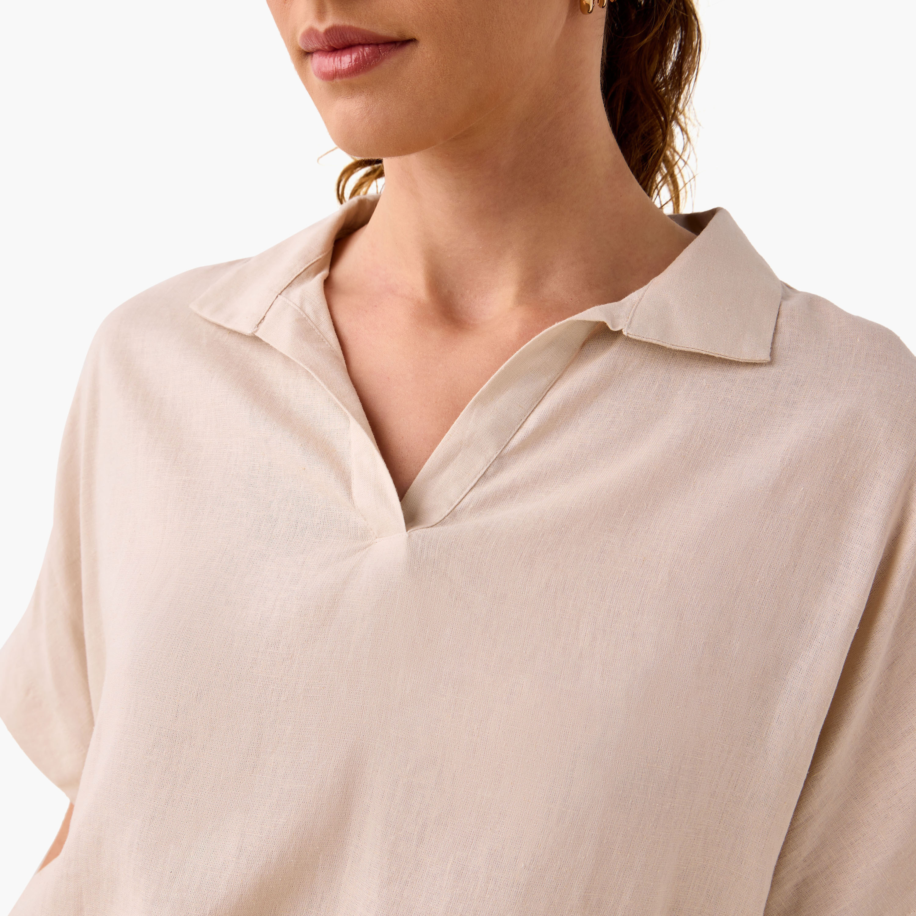 Regular Fit Linen Blend Collared Top with Extended Sleeves-women-clothing-shirtsandblouses-blouses-image-4