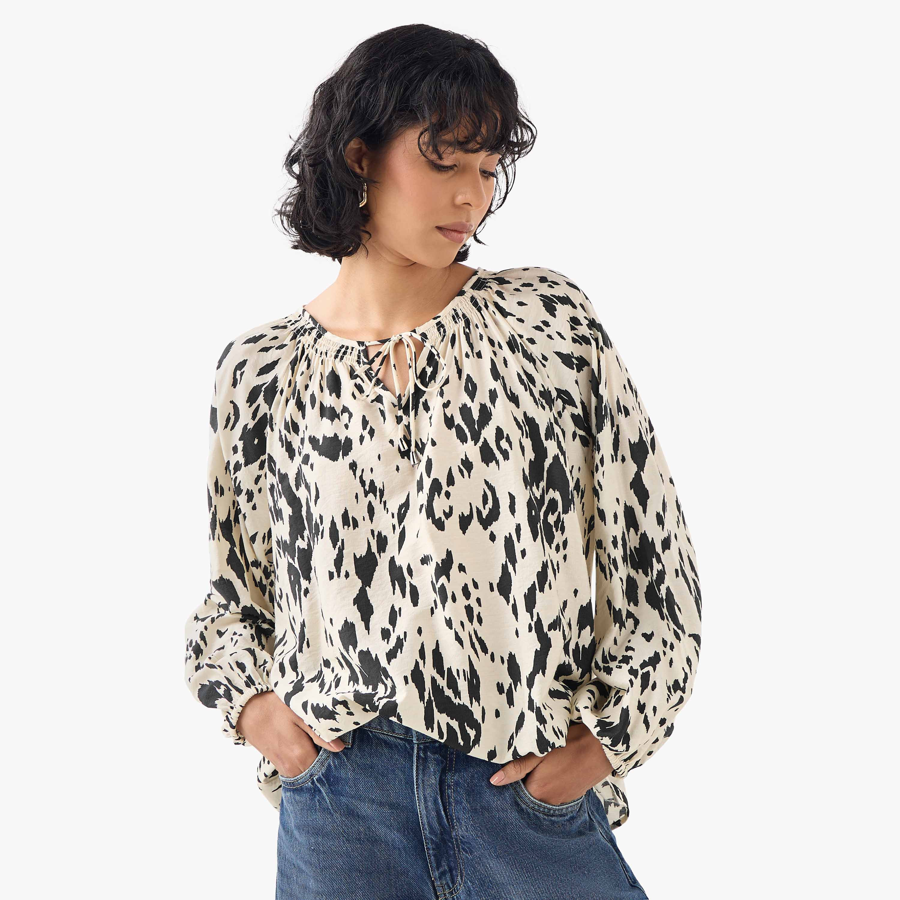 Printed Top with Neck Rouching and Tie-Up-women-clothing-shirtsandblouses-blouses-image-1