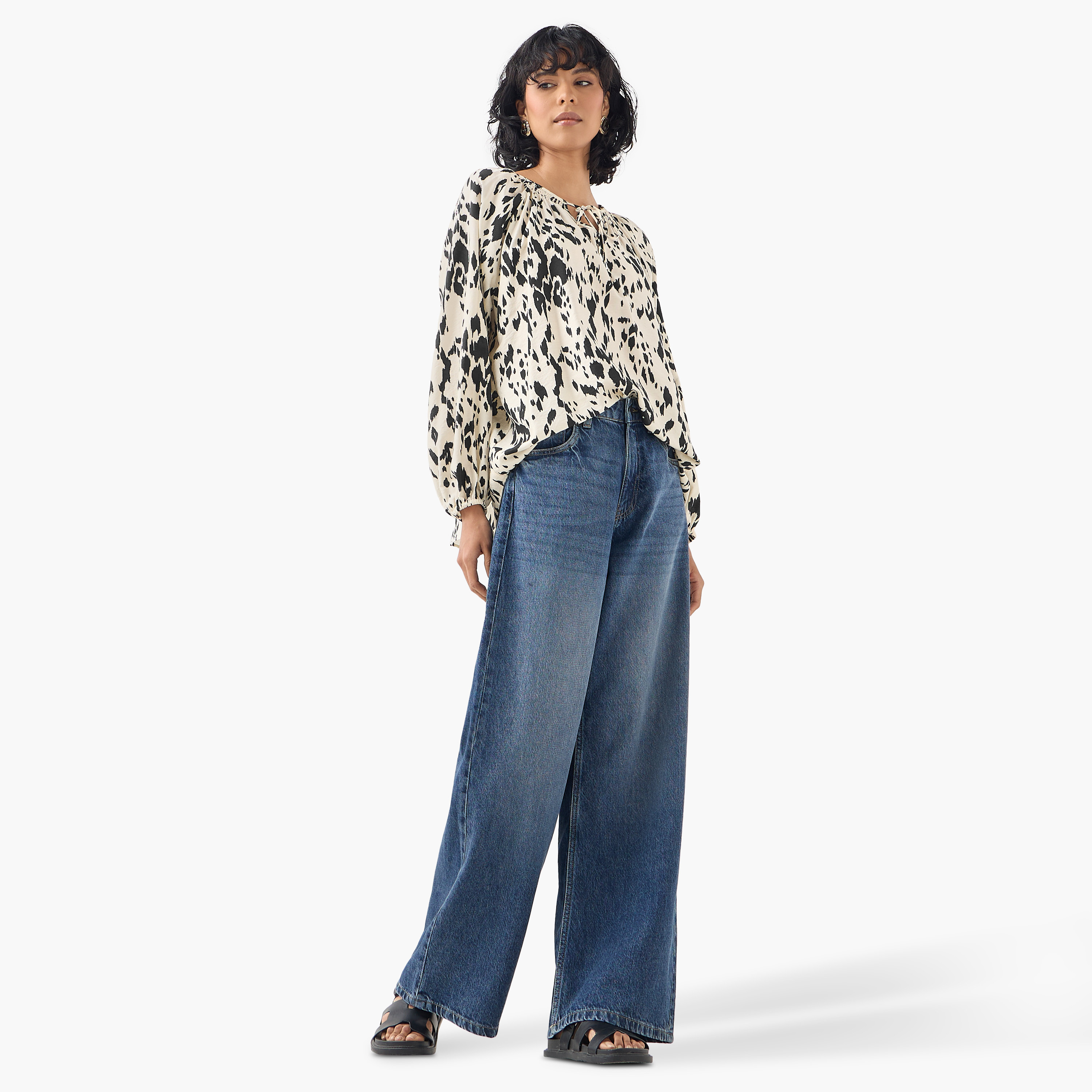 Printed Top with Neck Rouching and Tie-Up-women-clothing-shirtsandblouses-blouses-image-2