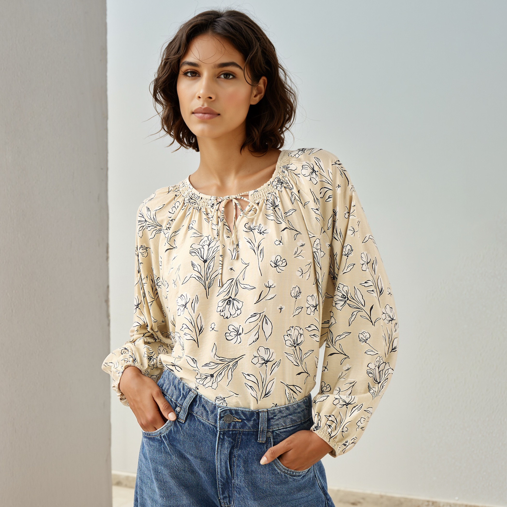 Floral Print Top with Neck Rouching and Tie-Up-women-clothing-shirtsandblouses-blouses-image-1