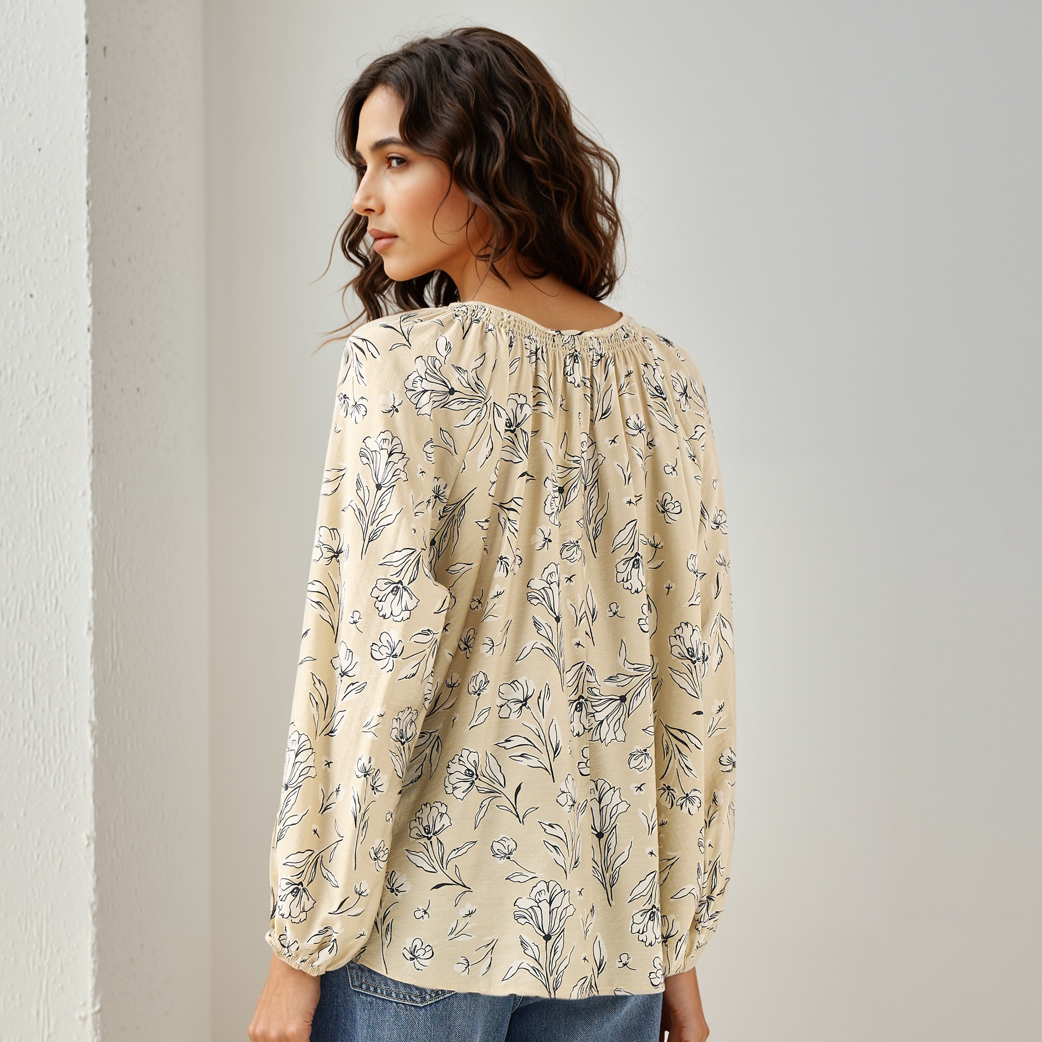 Floral Print Top with Neck Rouching and Tie-Up-women-clothing-shirtsandblouses-blouses-image-3
