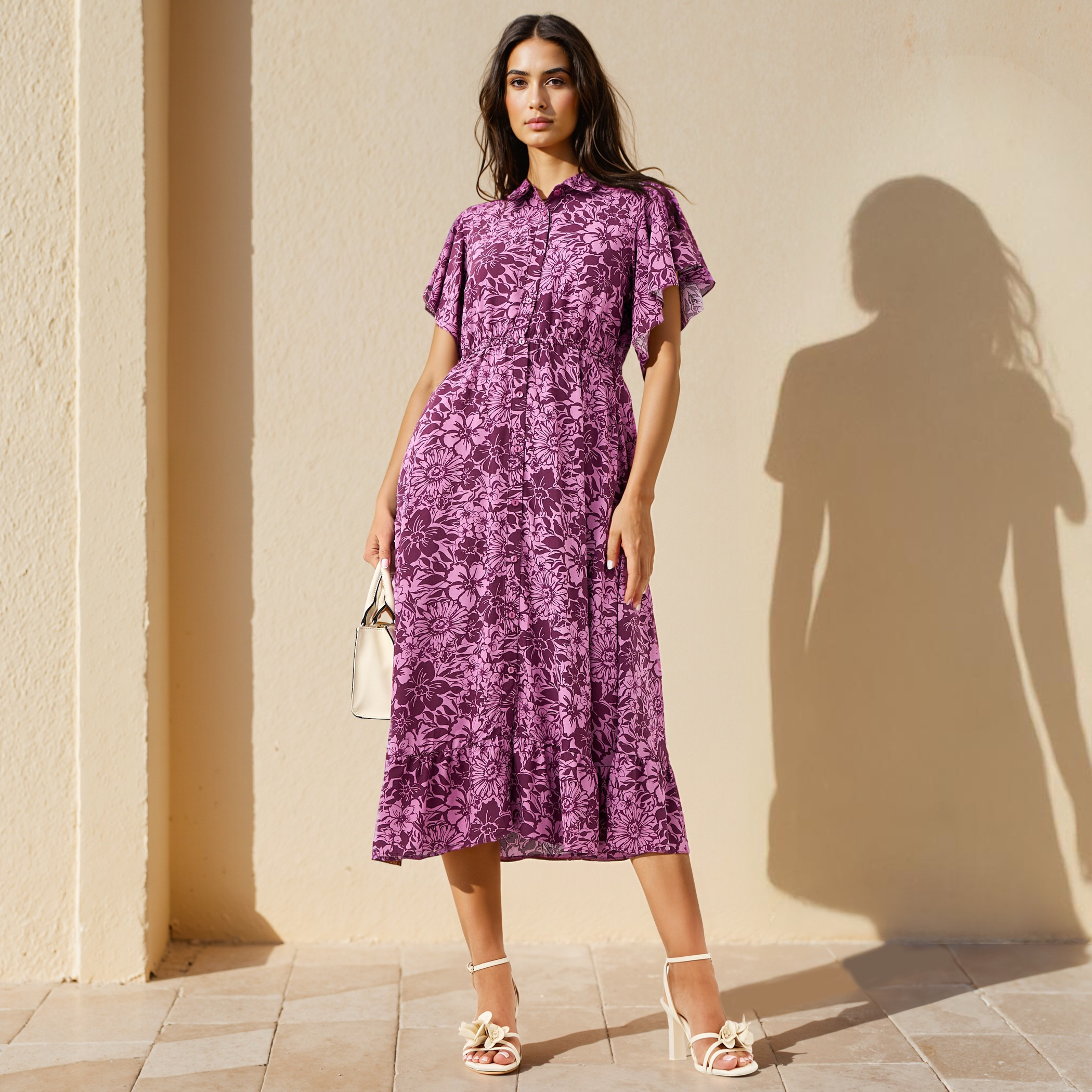 Floral Print Midi Shirt Rayon Dress with Flutter Sleeves-women-clothing-dresses-image-1
