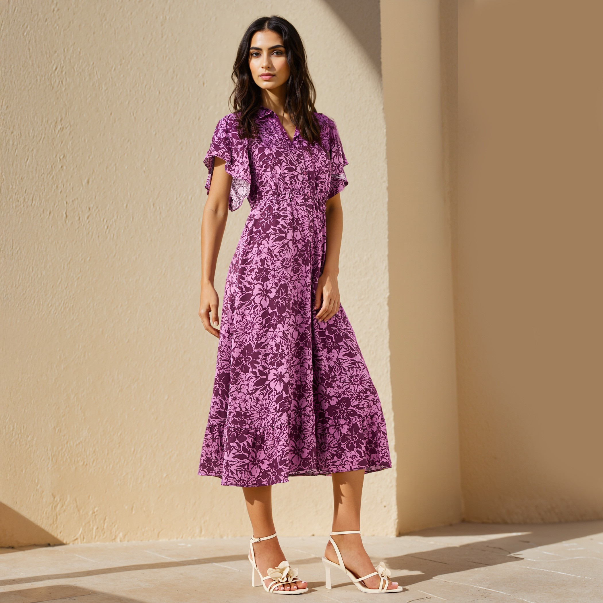 Floral Print Midi Shirt Rayon Dress with Flutter Sleeves-women-clothing-dresses-image-2
