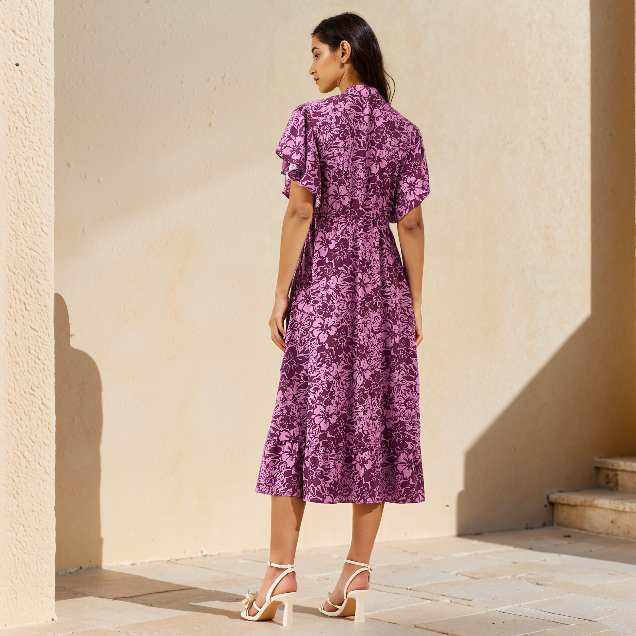 Floral Print Midi Shirt Rayon Dress with Flutter Sleeves-women-clothing-dresses-image-3