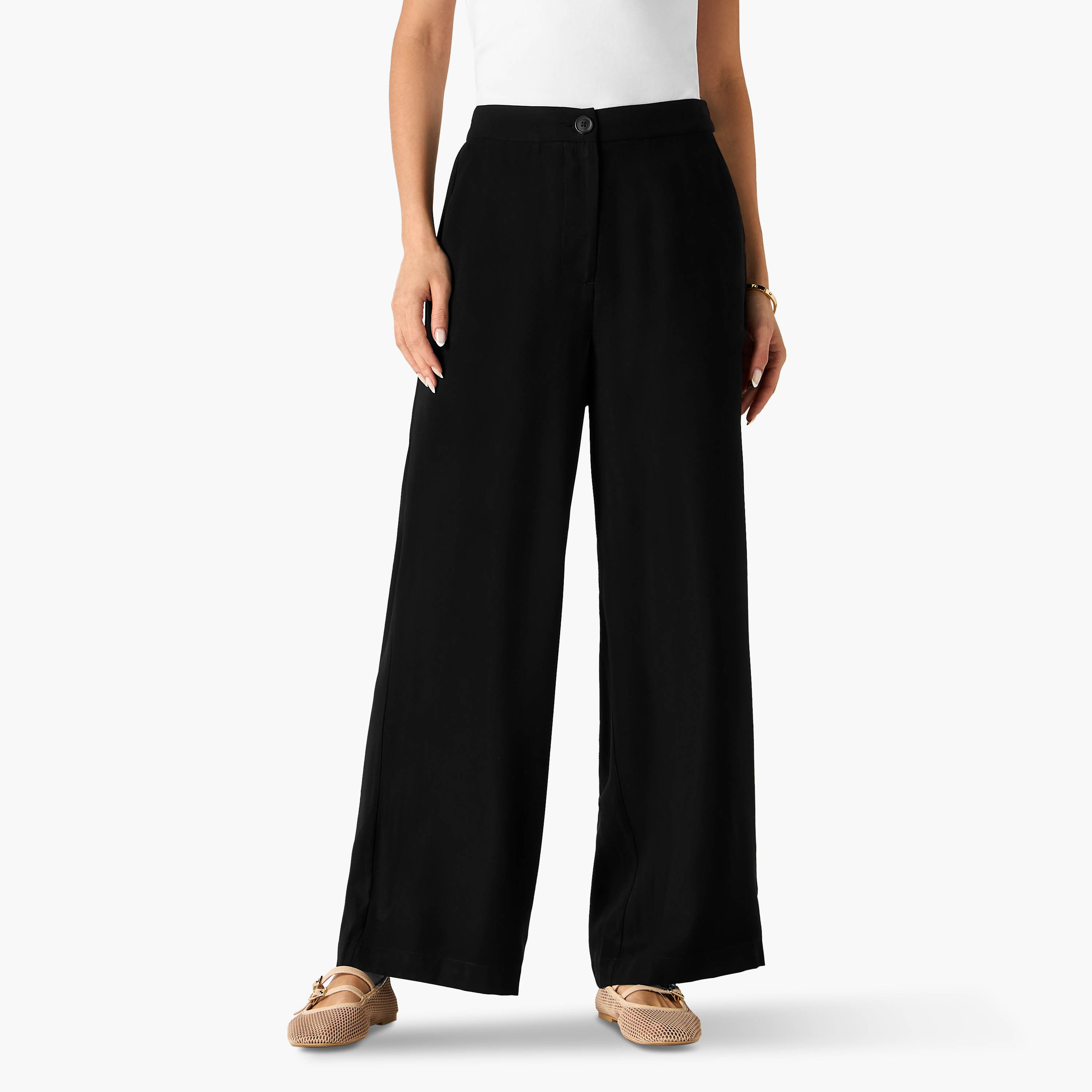 Wide Leg Twill Trousers with Pockets-women-clothing-bottoms-trousers-image-1