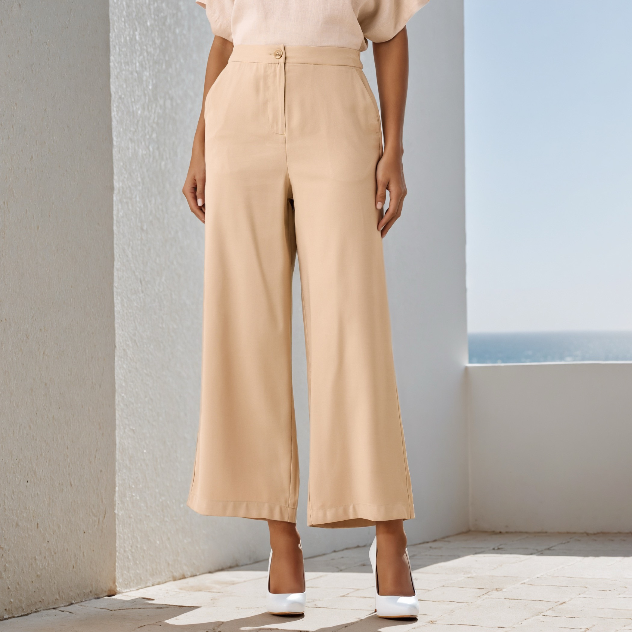 Wide Leg Twill Trousers with Pockets-women-clothing-bottoms-trousers-image-1