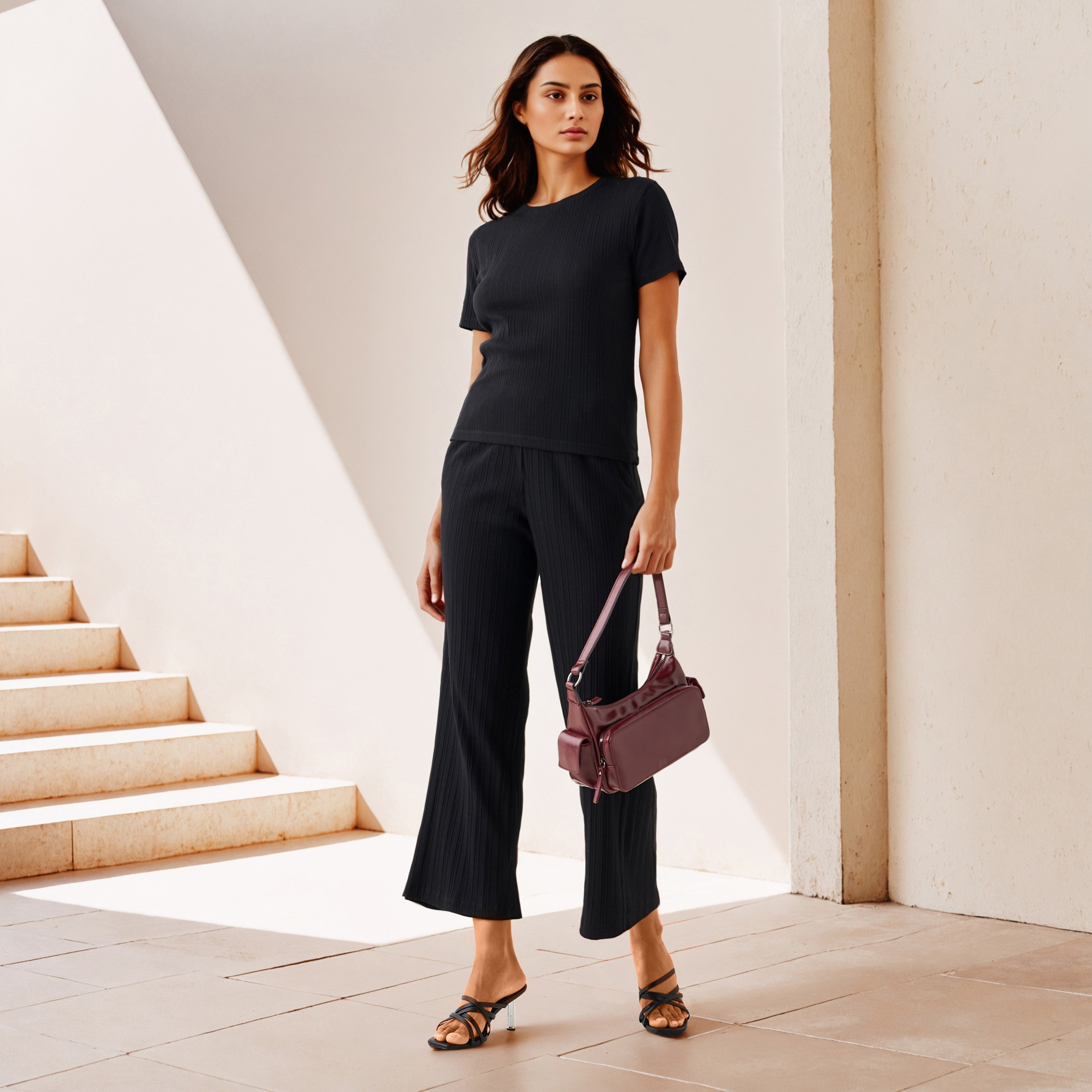 Ribbed Wide Leg Flexi Waist Pants with Pockets-women-clothing-coordsets-image-2