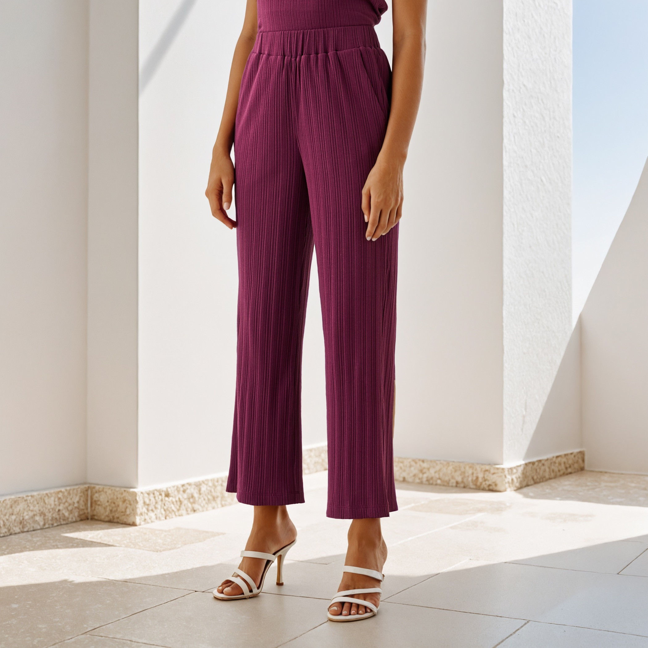 Ribbed Wide Leg Flexi Waist Pants with Pockets-women-clothing-trousers-image-11