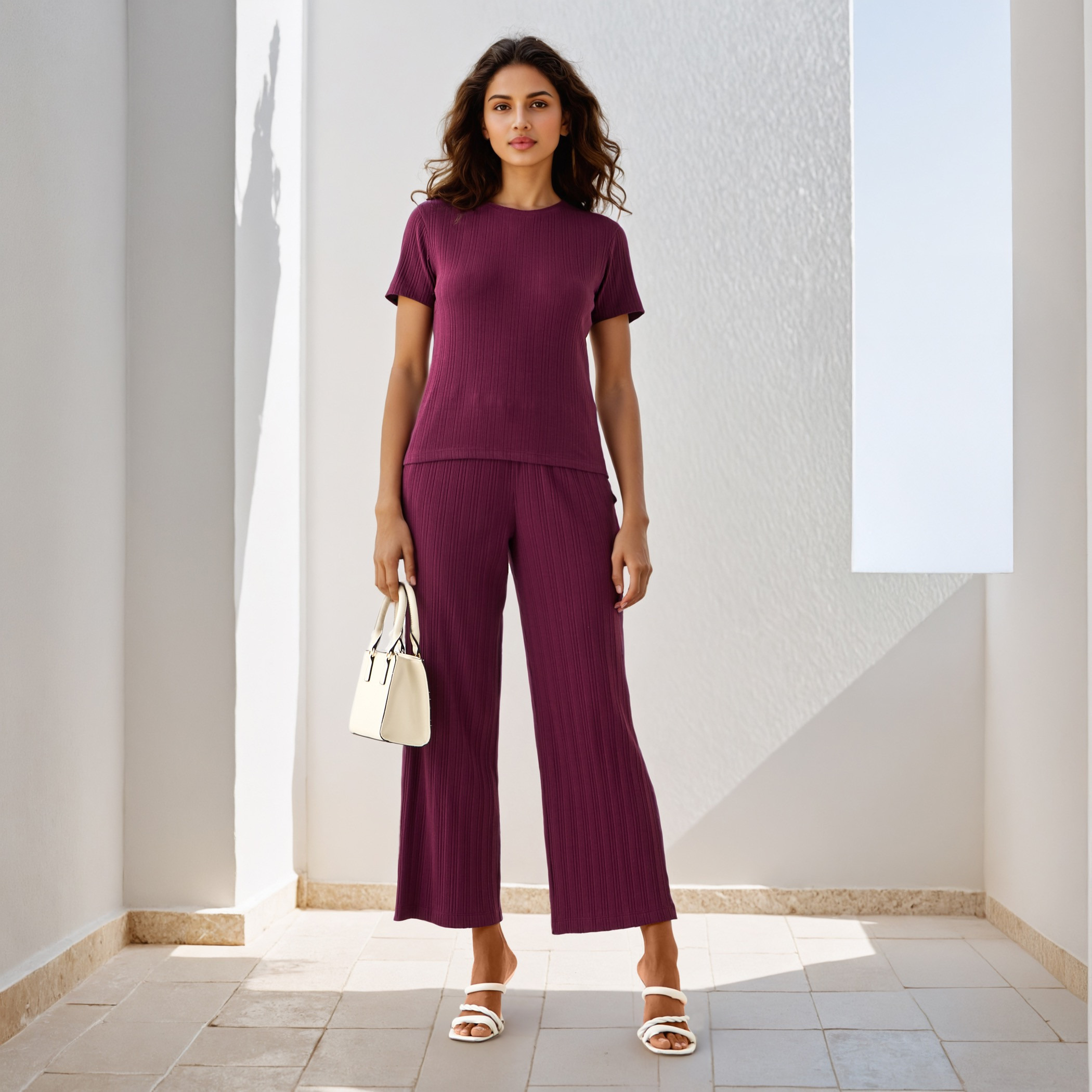 Ribbed Wide Leg Flexi Waist Pants with Pockets-women-clothing-coordsets-image-2