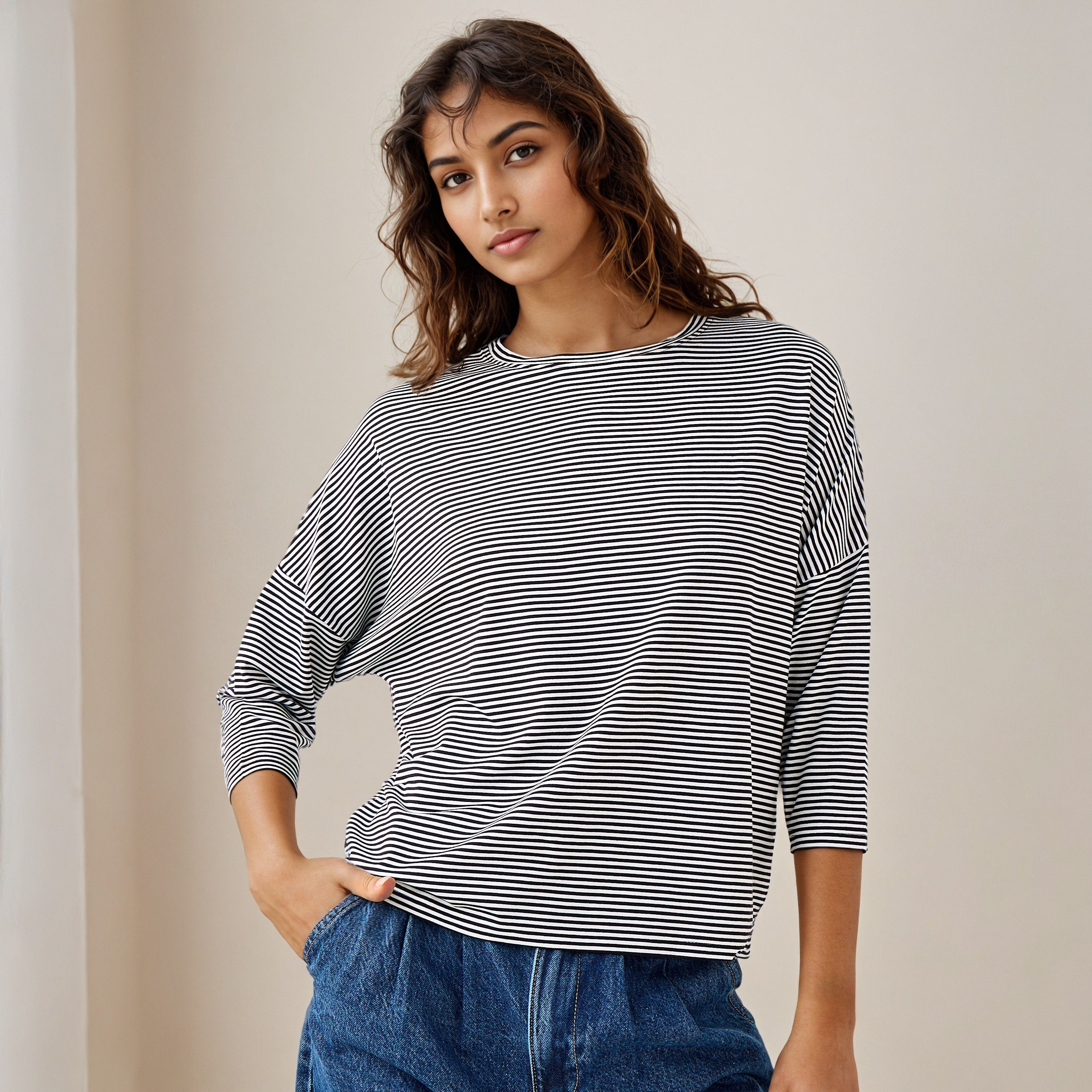 Striped T-shirt with Drop Shoulder Sleeves-women-clothing-tshirts-image-1