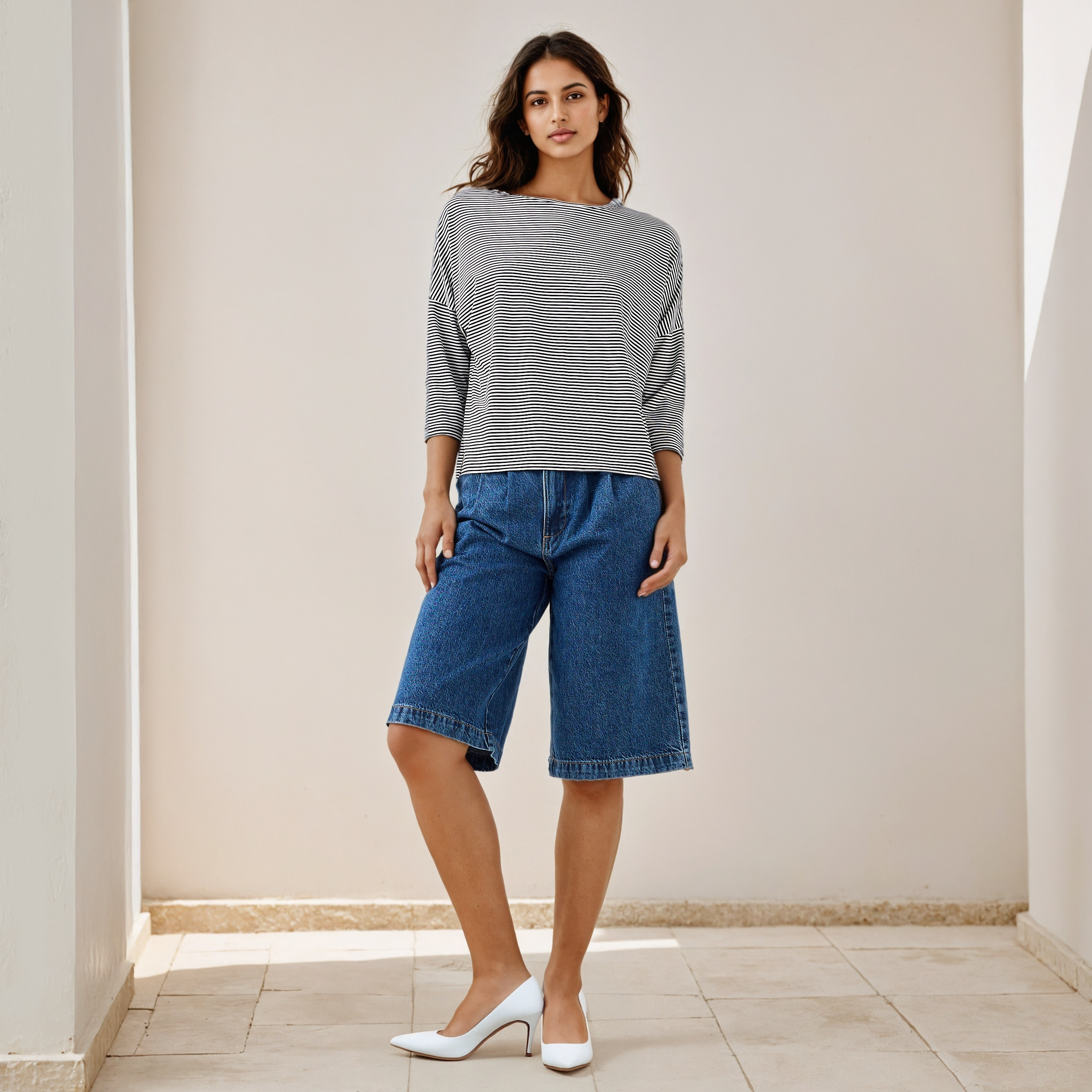 Striped T-shirt with Drop Shoulder Sleeves-women-clothing-tshirts-image-2