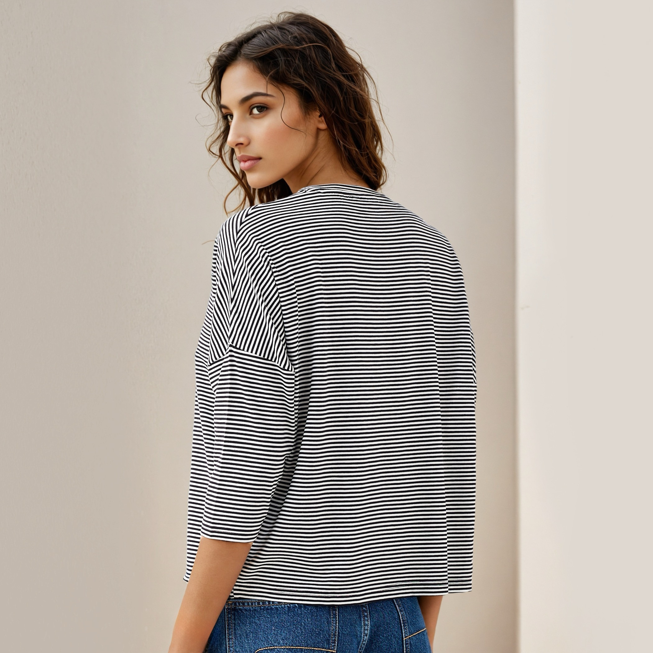 Striped T-shirt with Drop Shoulder Sleeves-women-clothing-tshirts-image-3