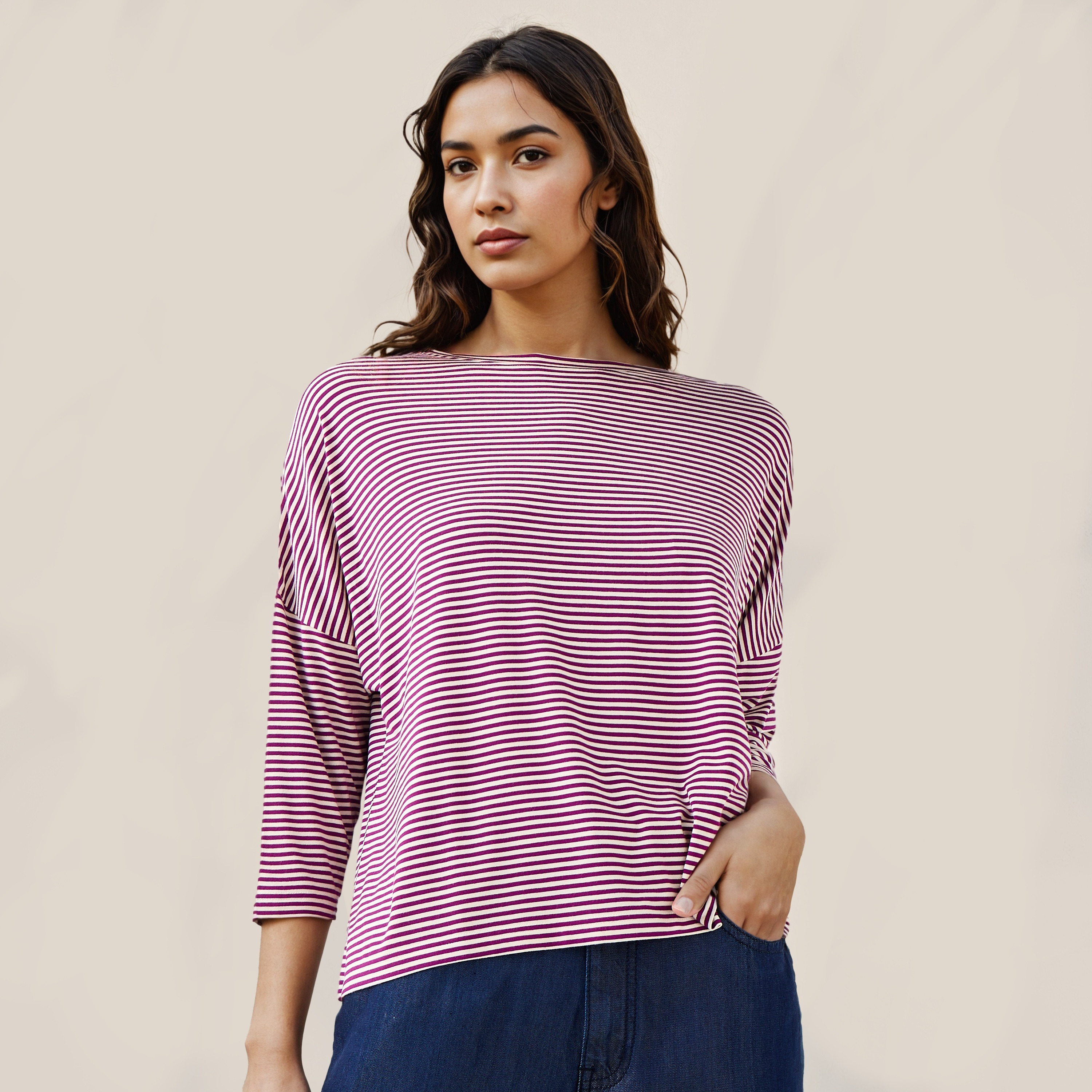 Striped T-shirt with Drop Shoulder Sleeves-women-clothing-tshirts-image-1