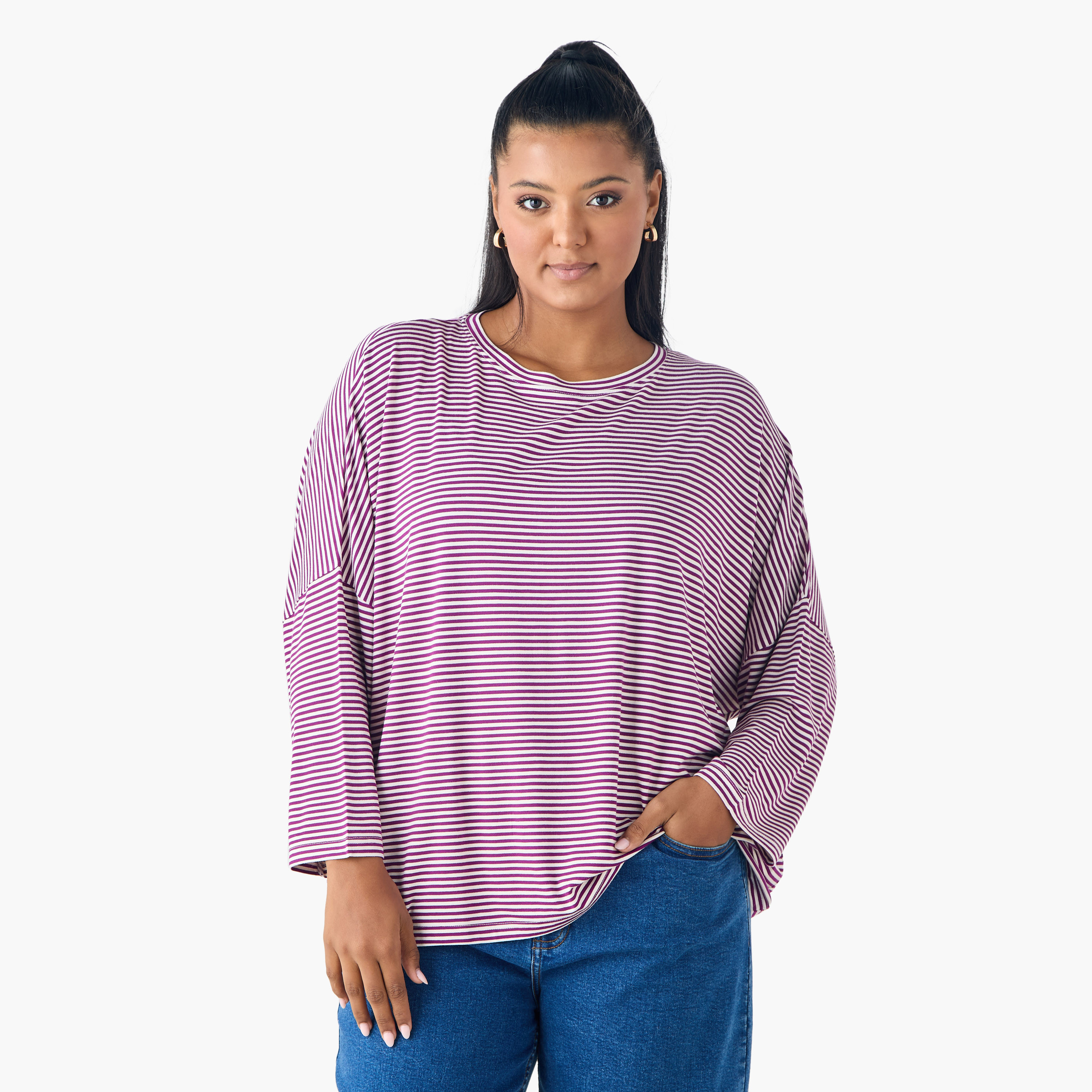 Striped T-shirt with Drop Shoulder Sleeves-women-clothing-tshirts-image-6