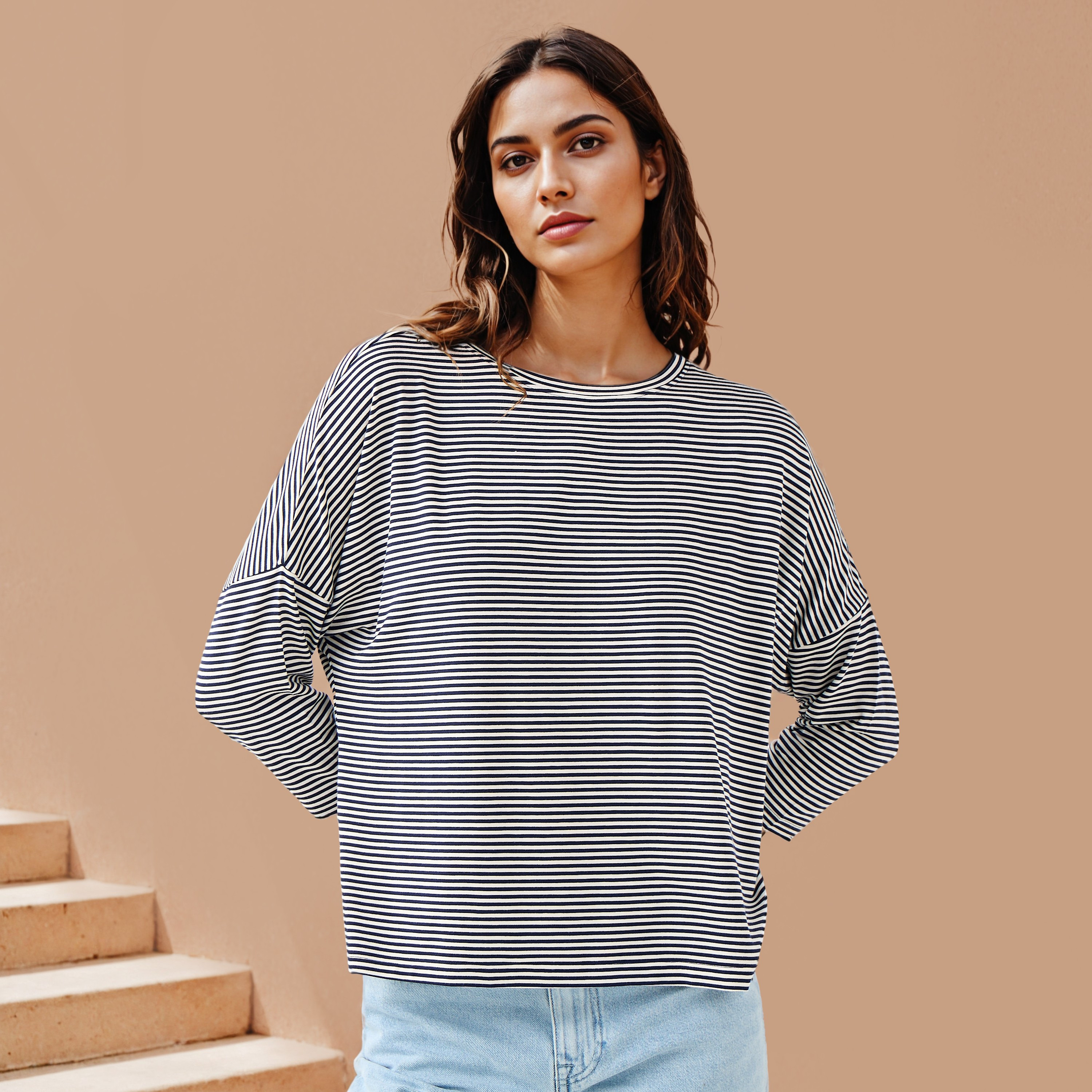 Striped T-shirt with Drop Shoulder Sleeves-women-clothing-tshirts-image-1